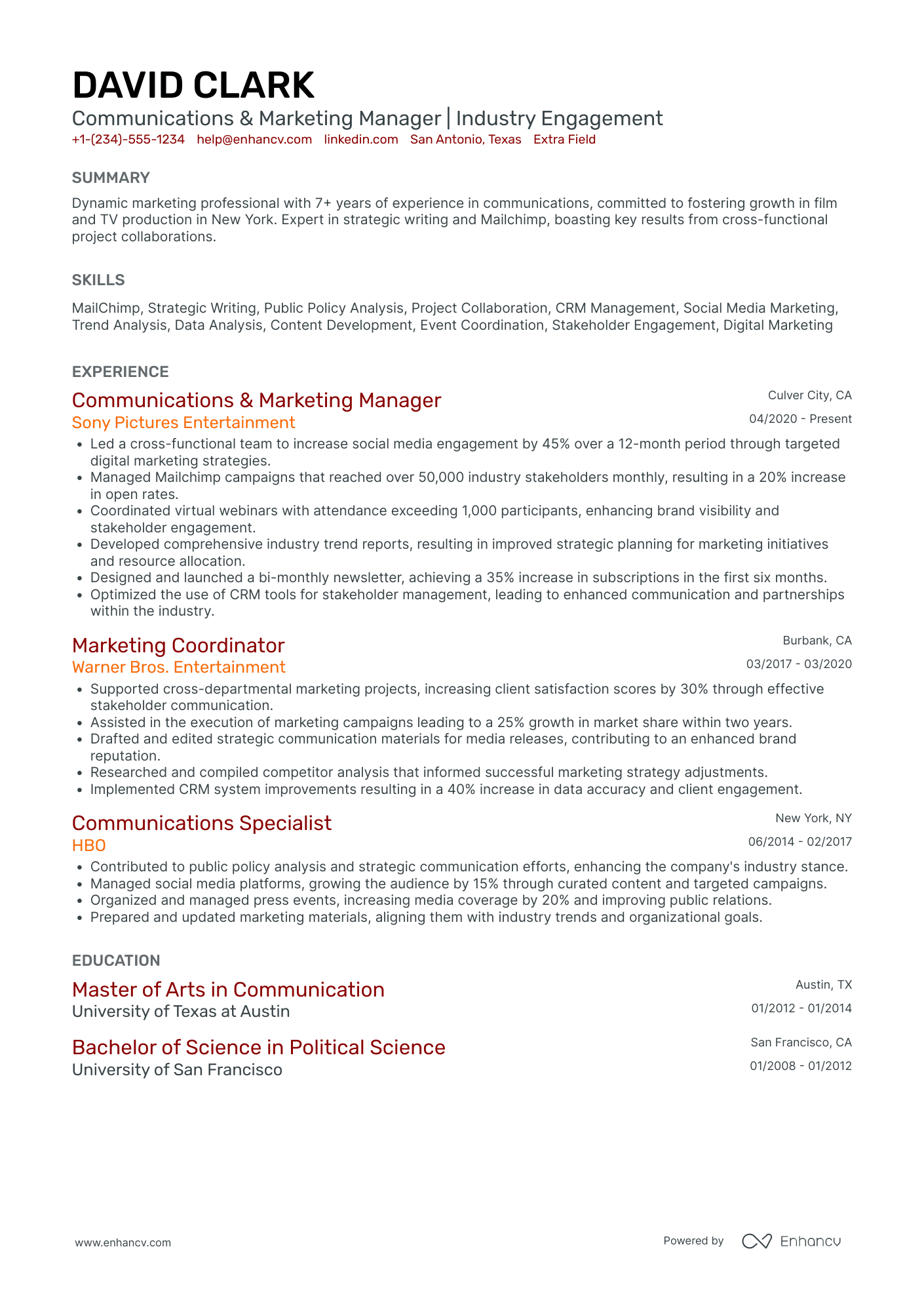 Theater Marketing Manager Resume Example