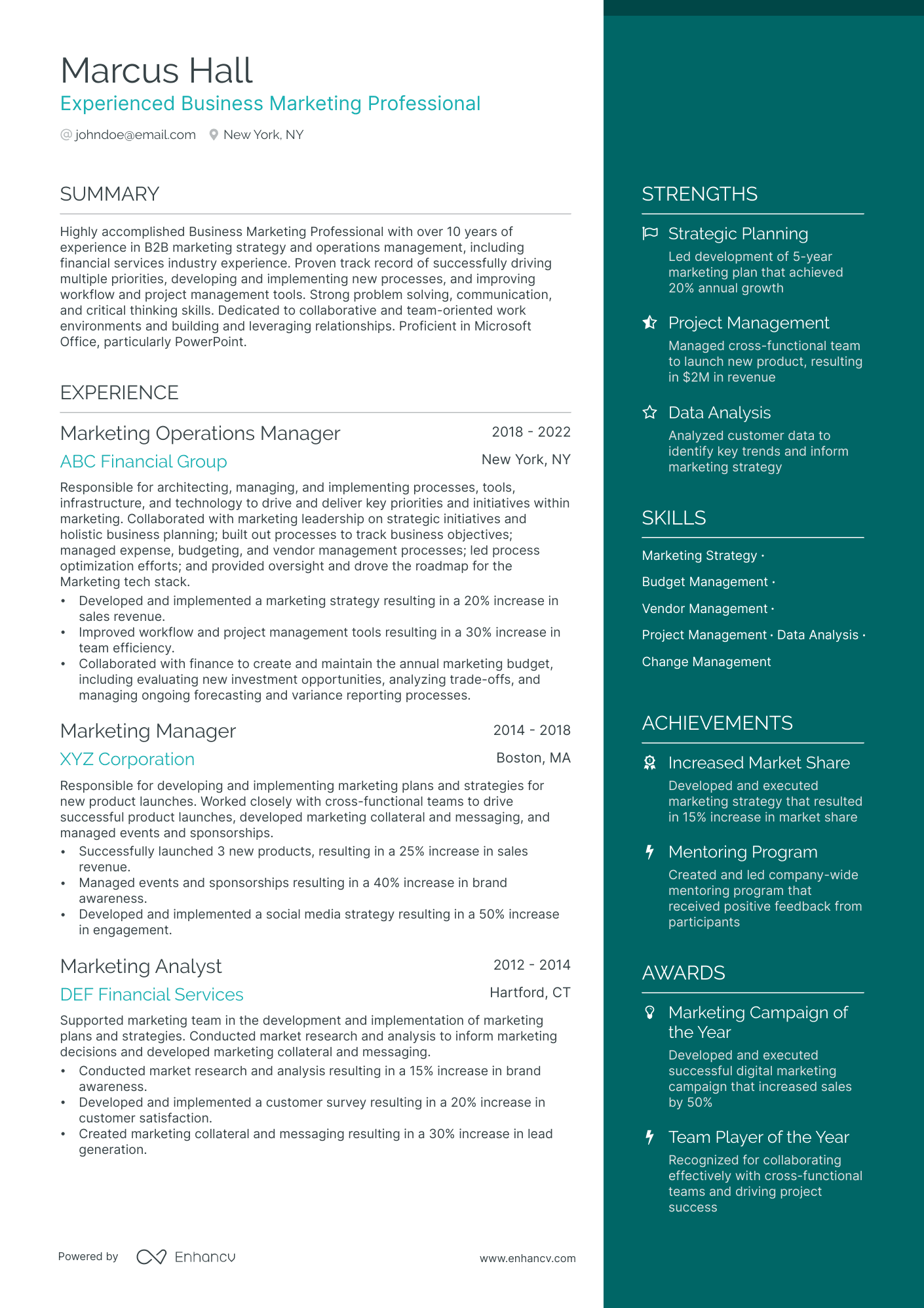 Business Marketing Resume Example