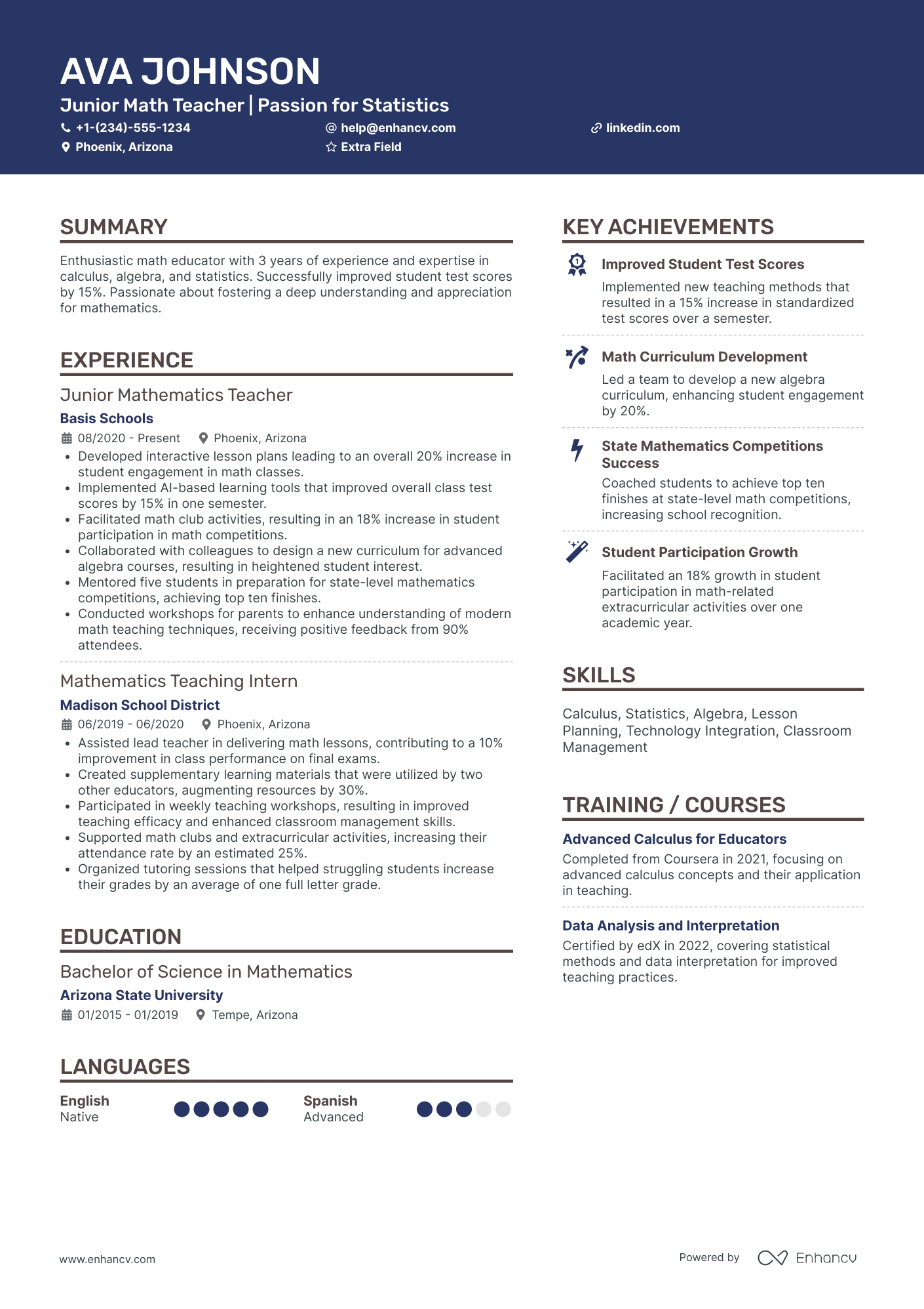 Junior Math Teacher Resume Example