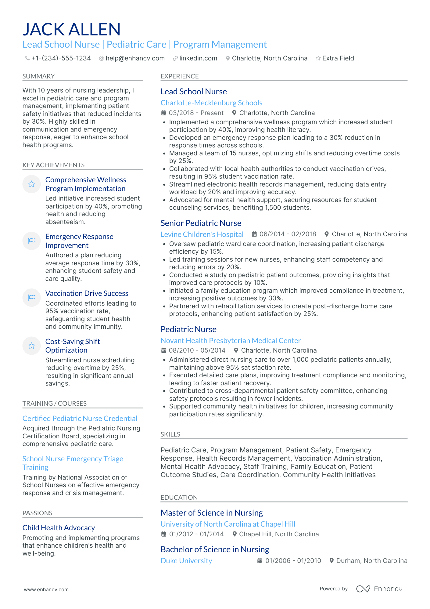 Lead School Nurse Resume Example