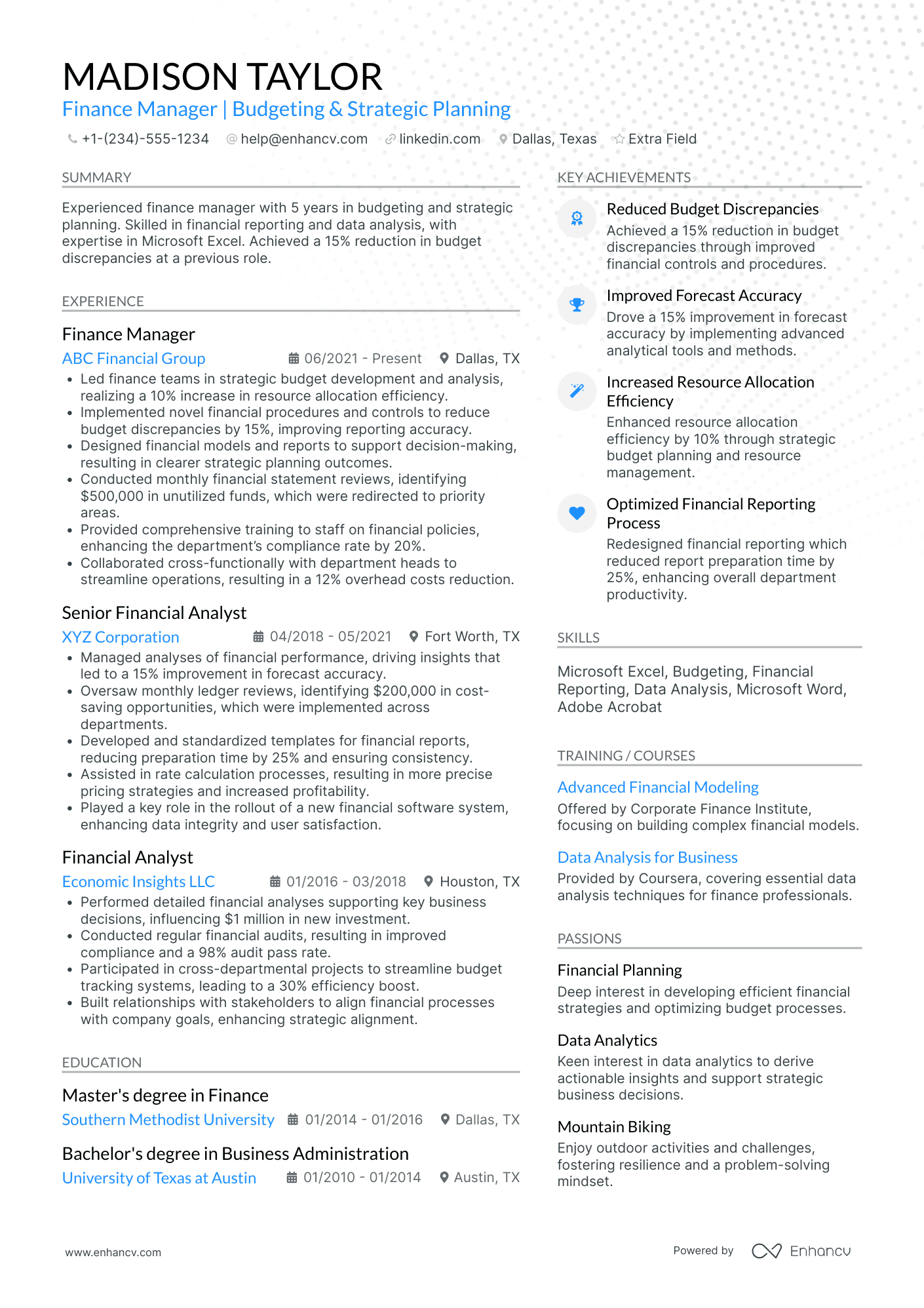 Administrative Finance Manager Resume Example