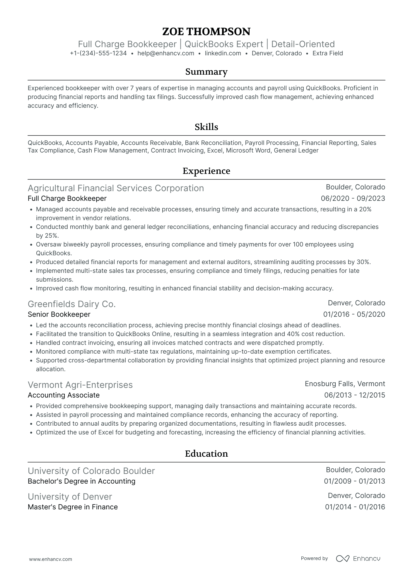 Full Charge Bookkeeper Resume Example