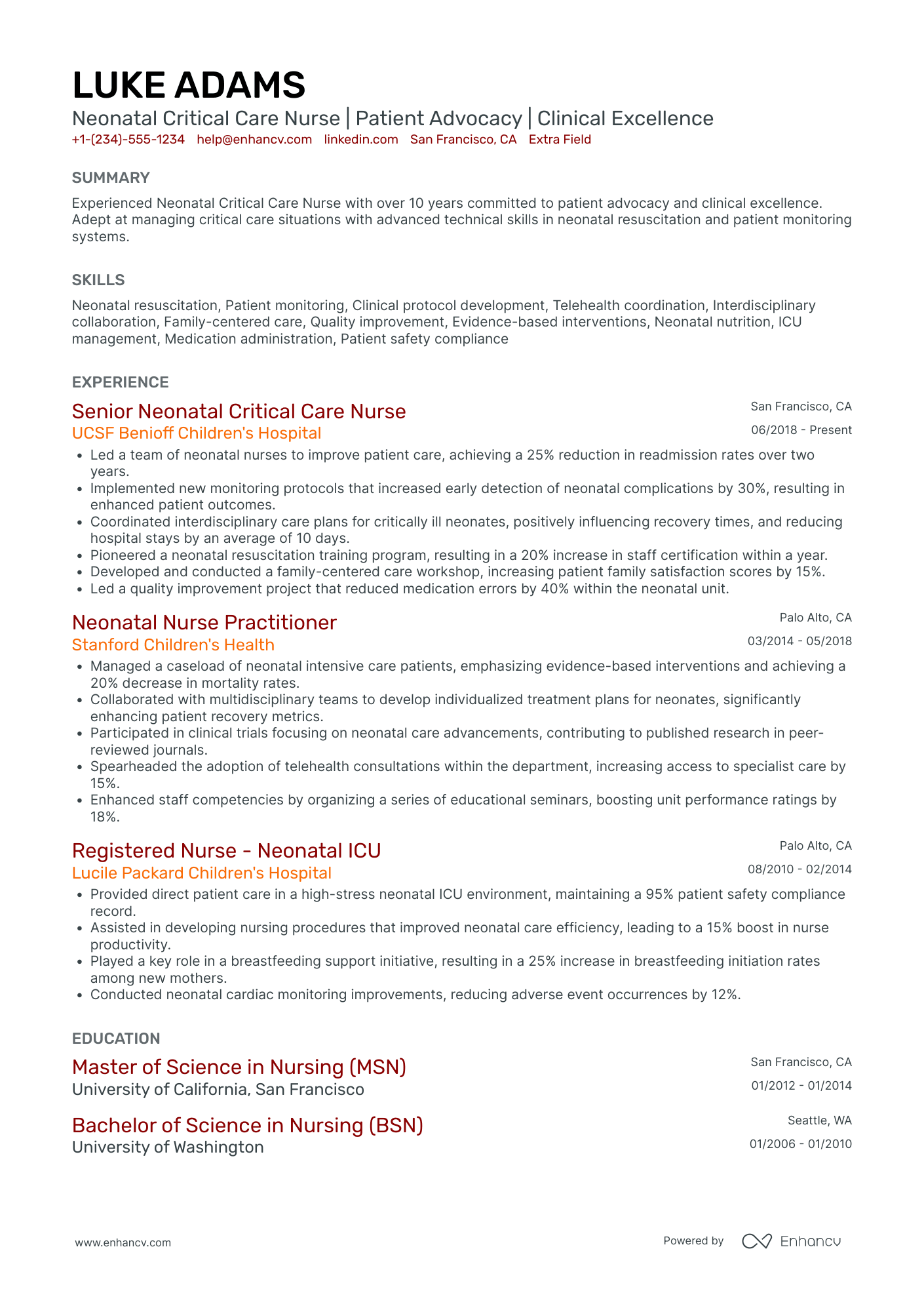 Neonatal Critical Care Nurse Resume Example