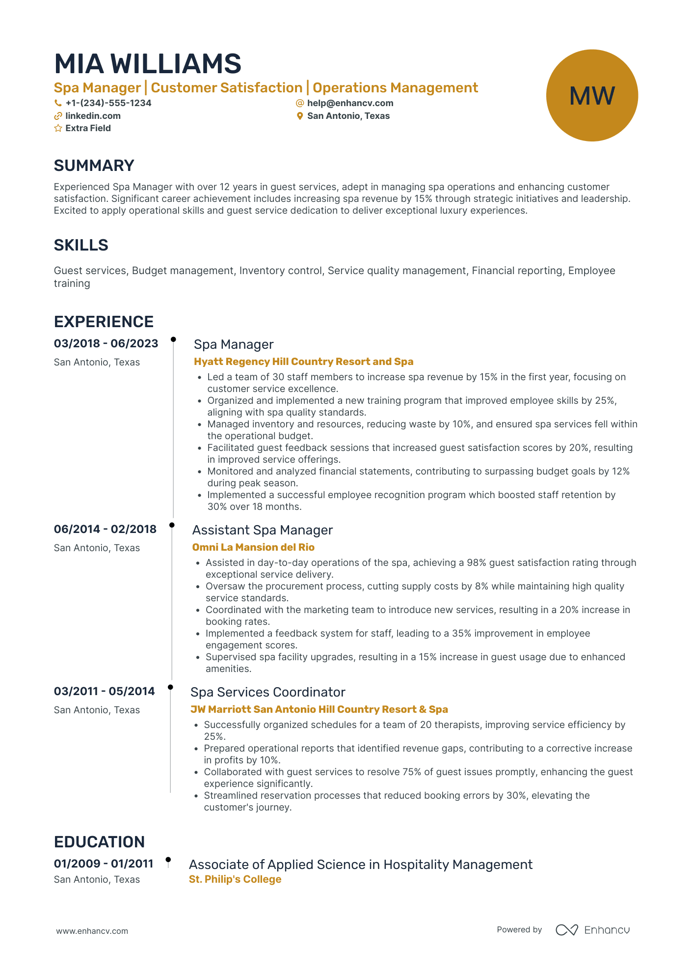 Day Spa Manager Resume Example