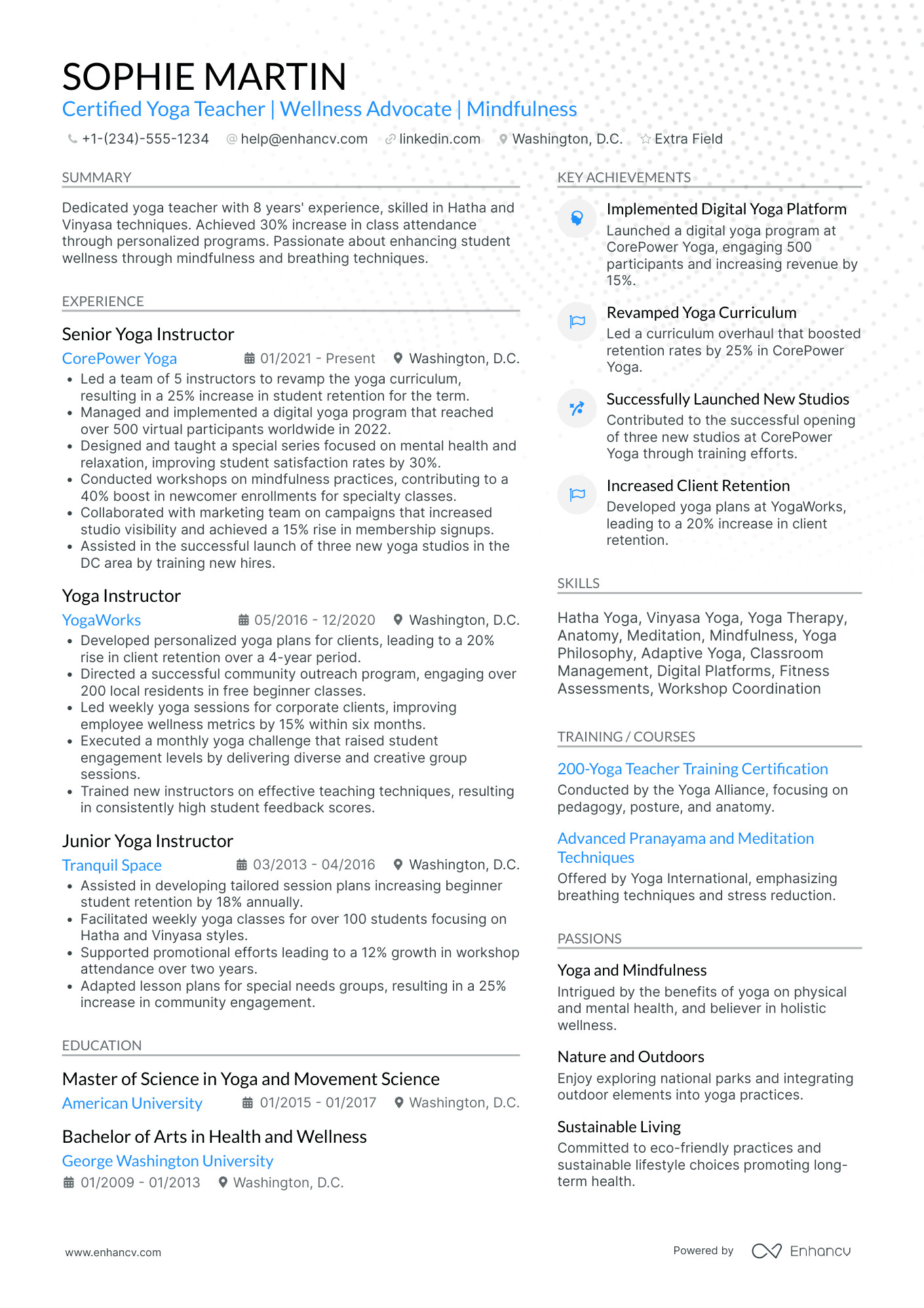 Certified Yoga Teacher Resume Example