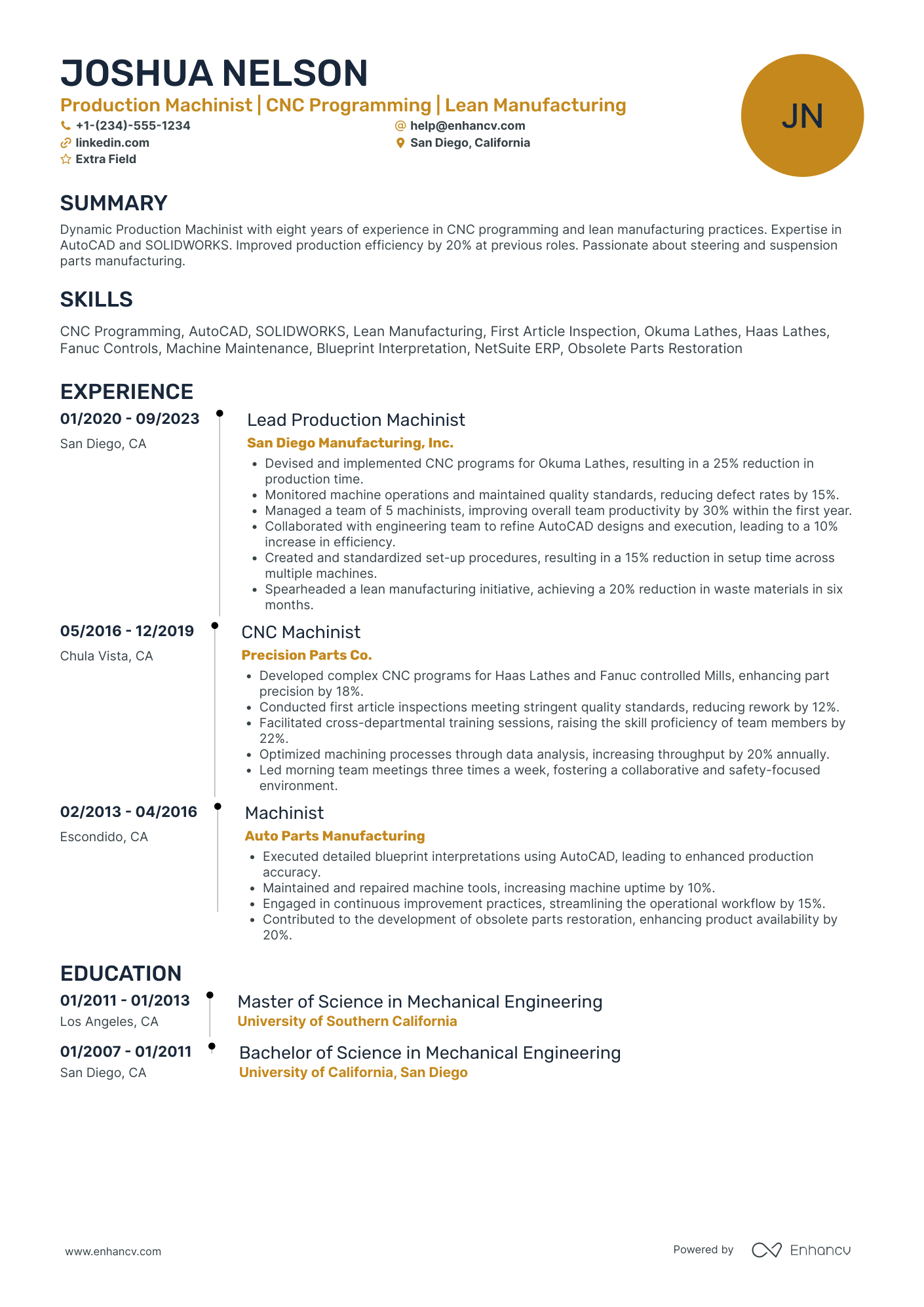 Production Machinist Resume Example