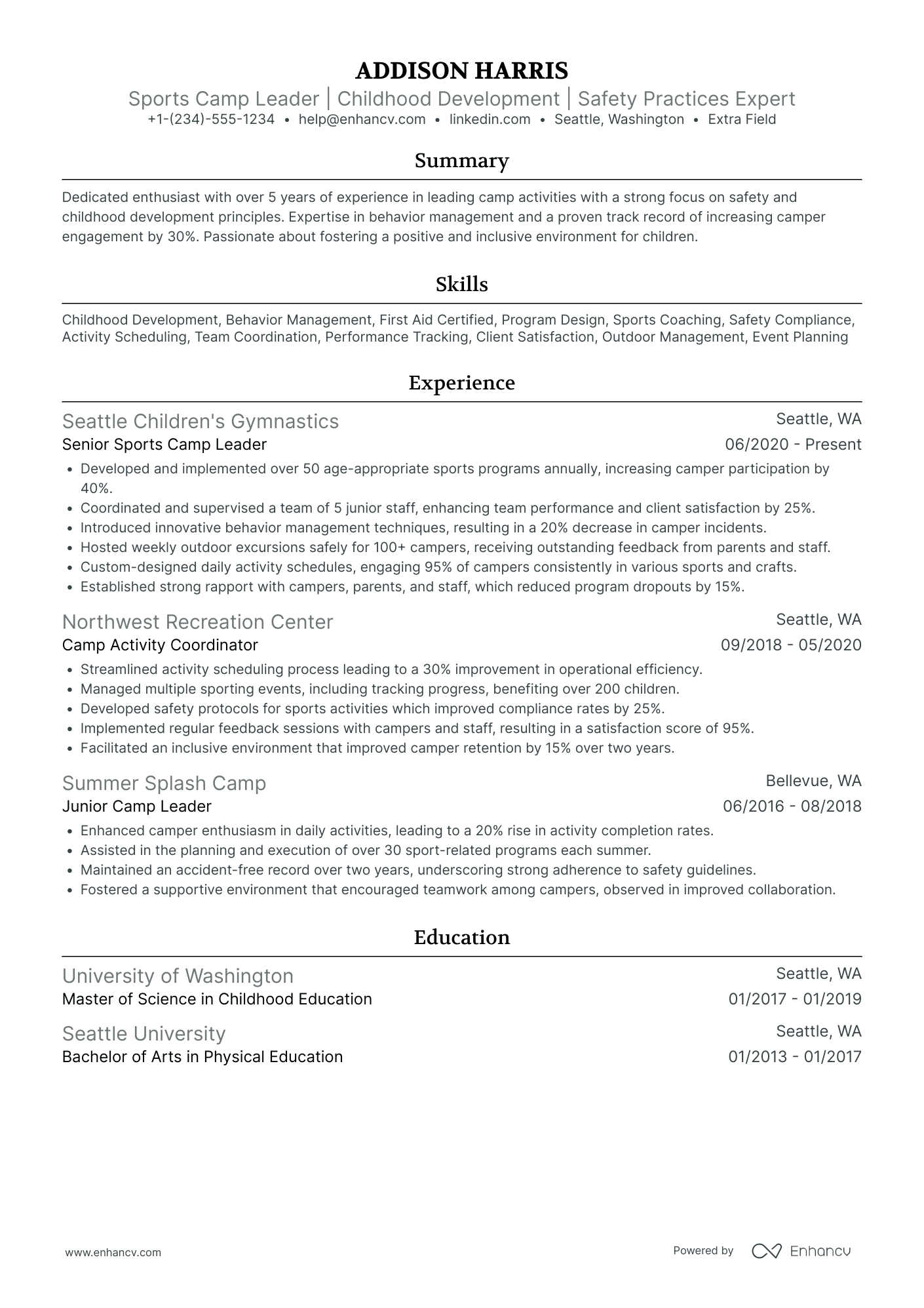 Sports Camp Counselor Resume Example