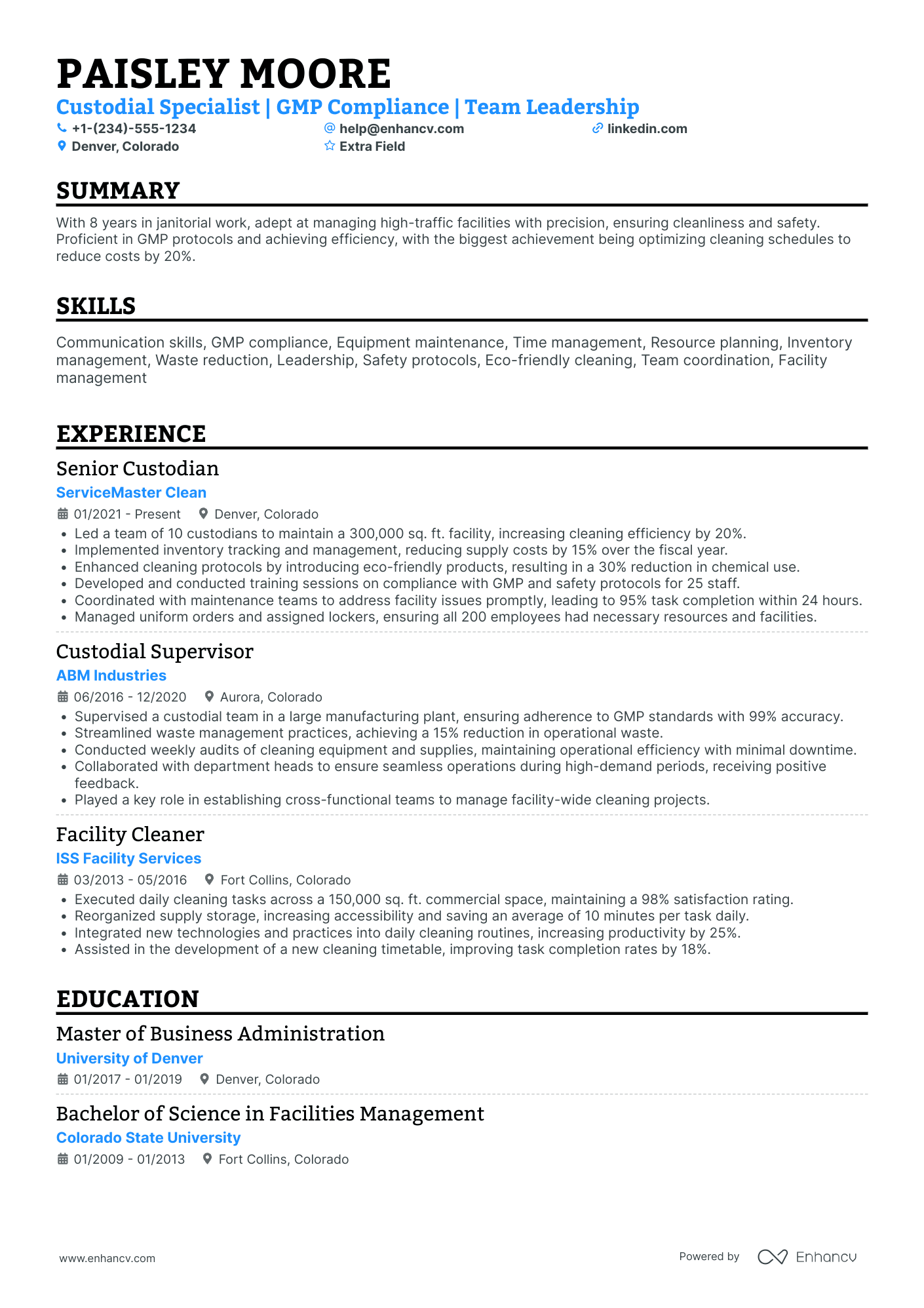 Chief Janitor Resume Example