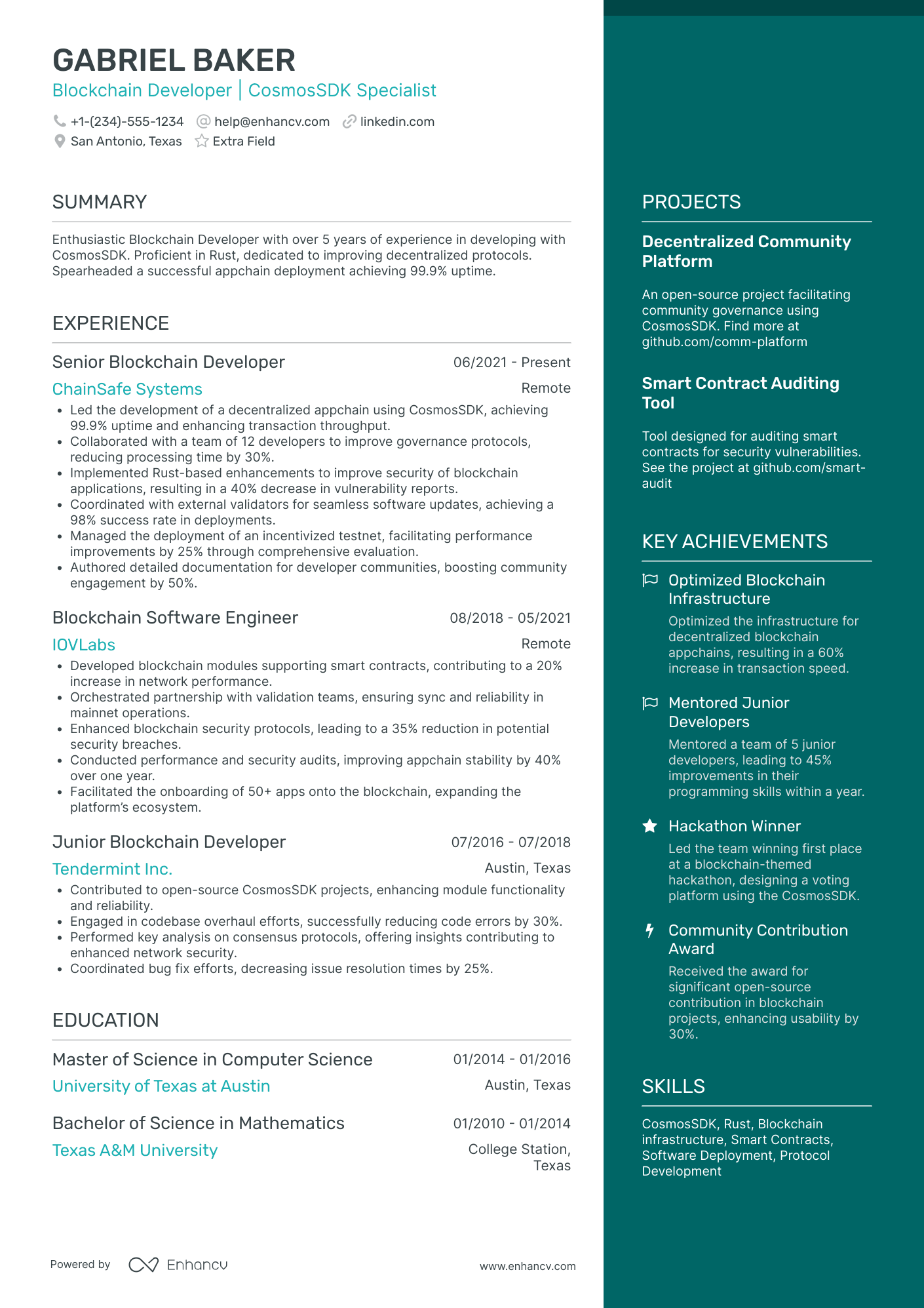 Blockchain Game Developer Resume Example