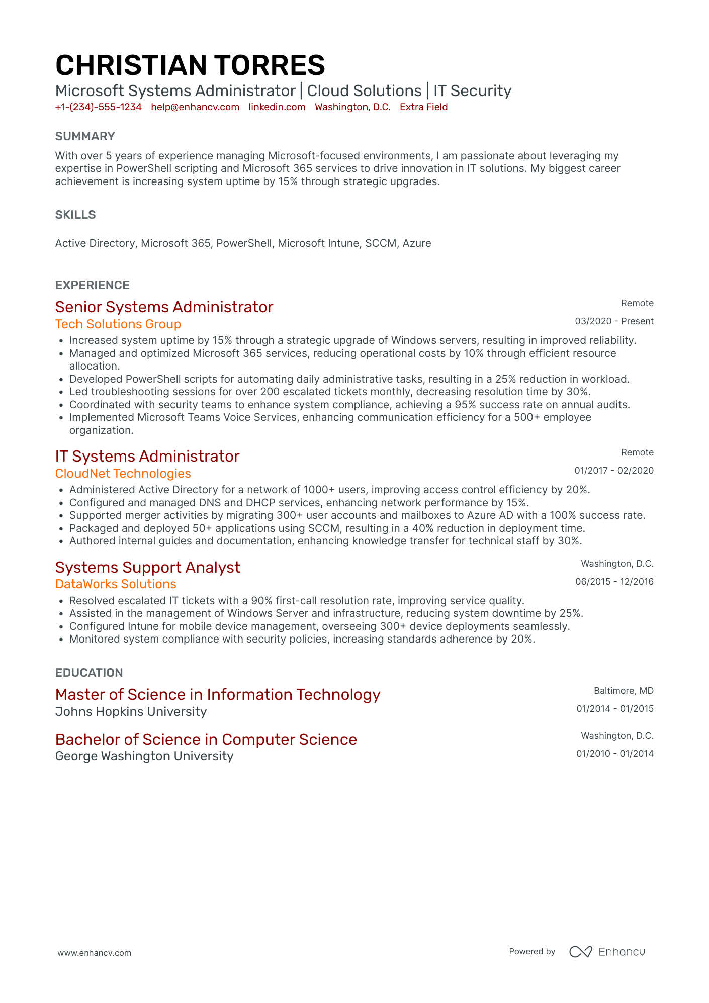 Microsoft Systems Administrator Resume Example