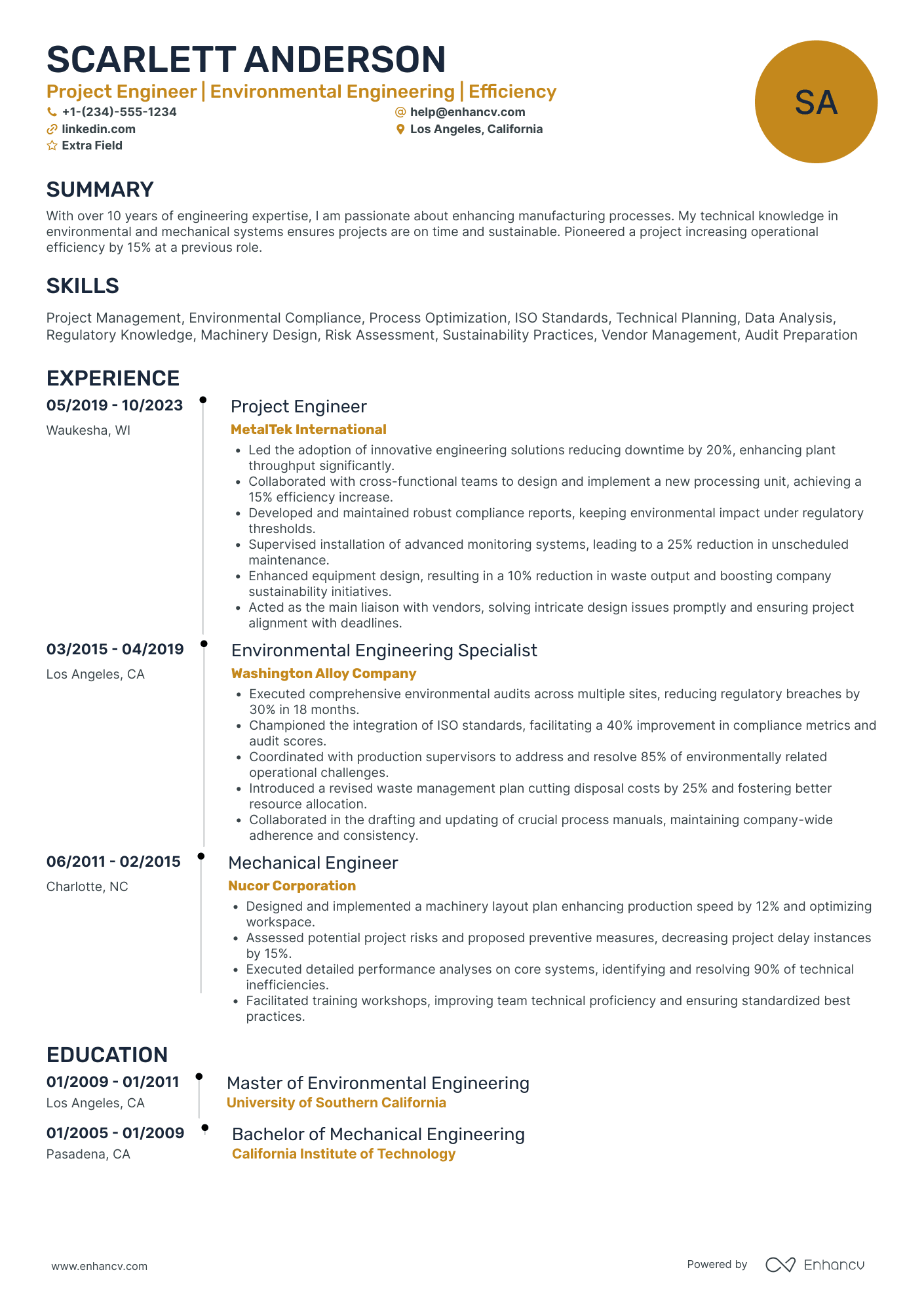 Environmental Project Engineer Resume Example