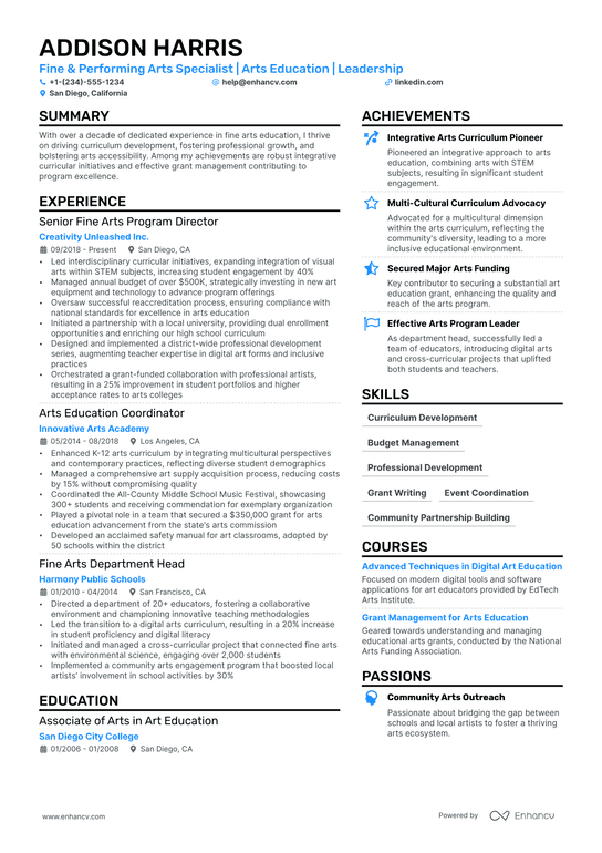 Performing Arts Resume Example