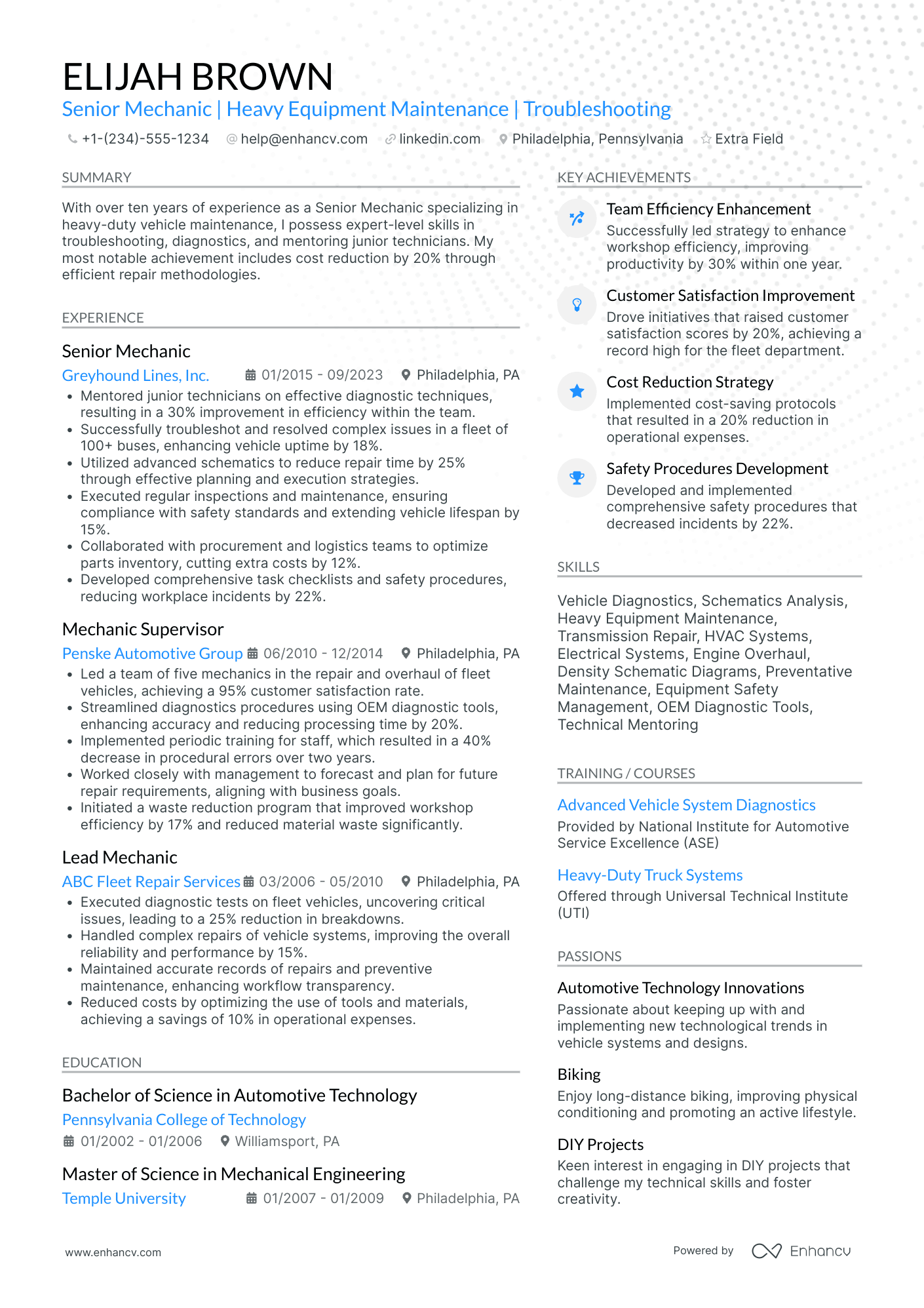 Senior Mechanic Resume Example