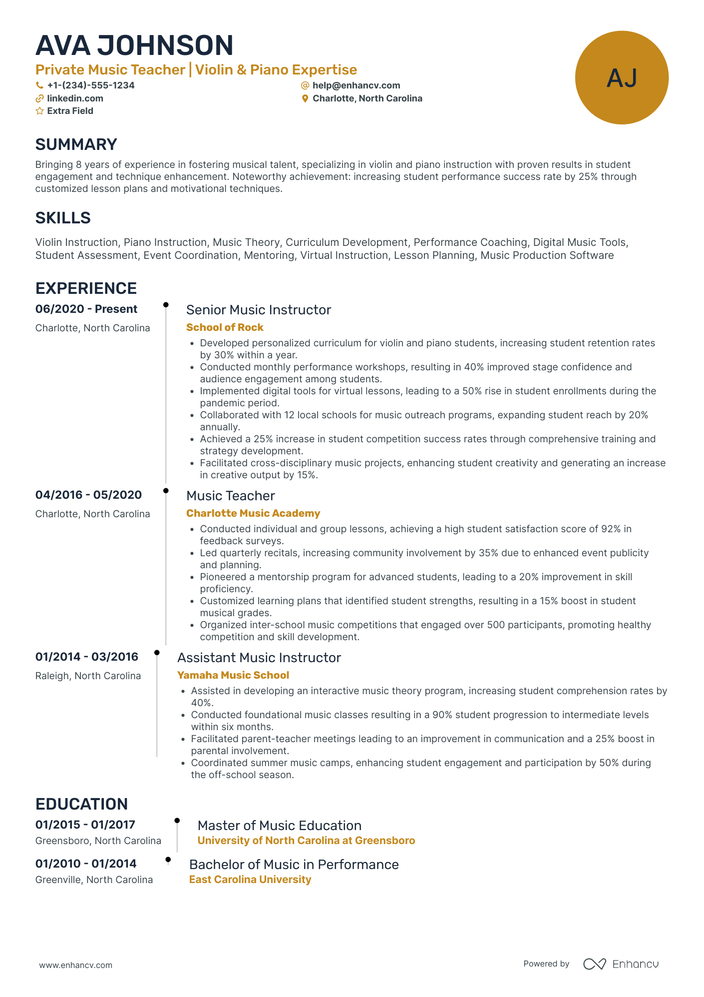 Private Music Teacher Resume Example