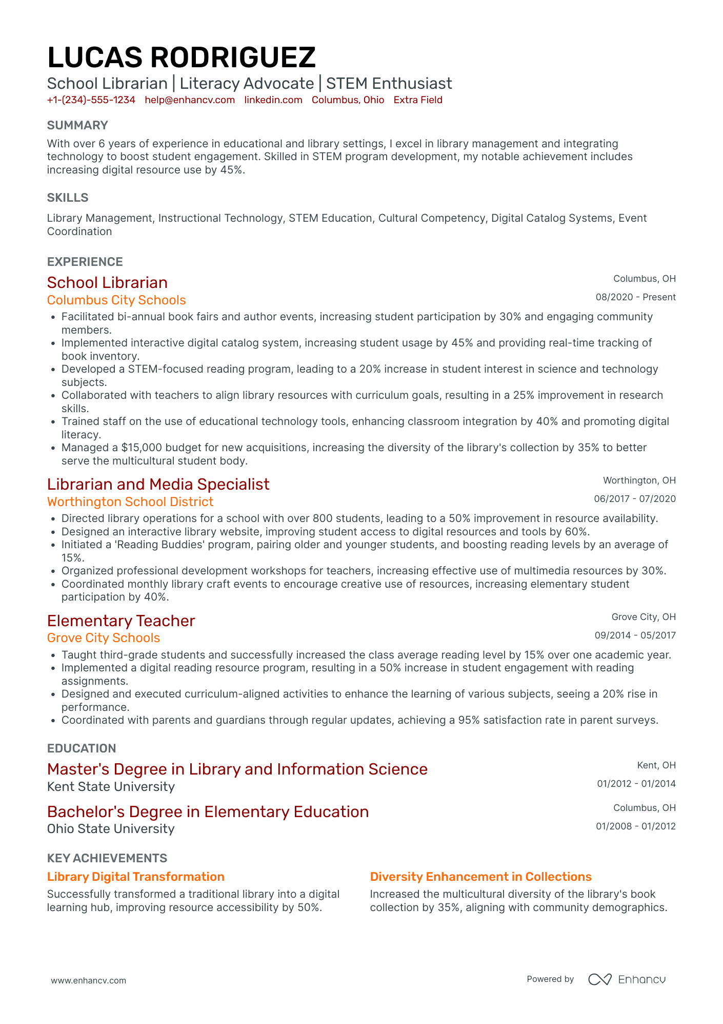 School Librarian Resume Example