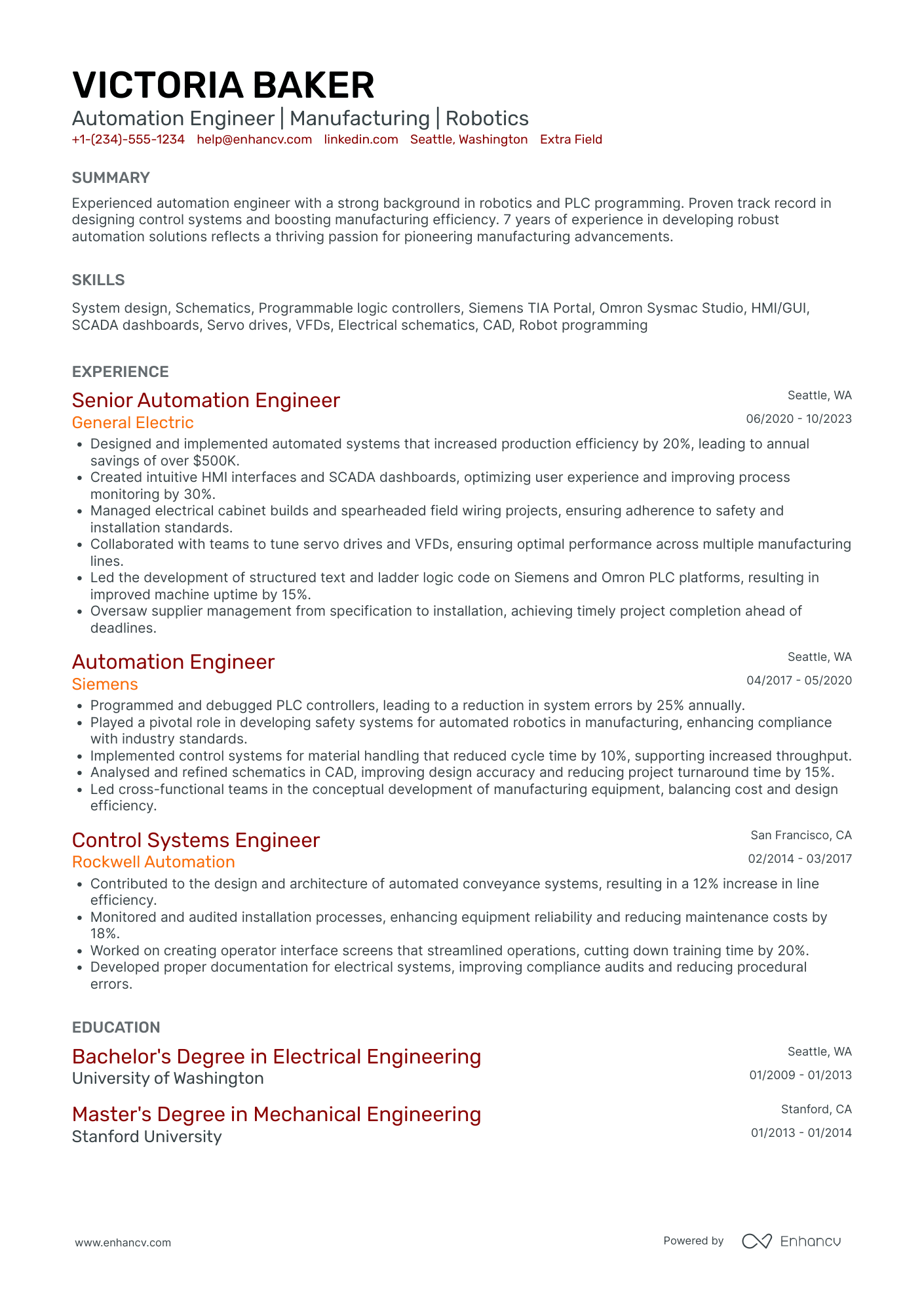 Manufacturing Automation Engineer Resume Example