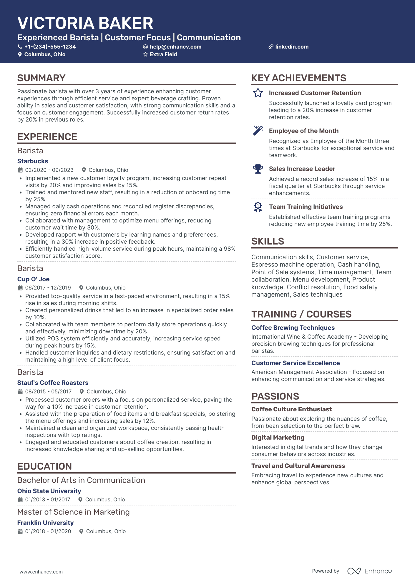 Part Time Barista Resume Example