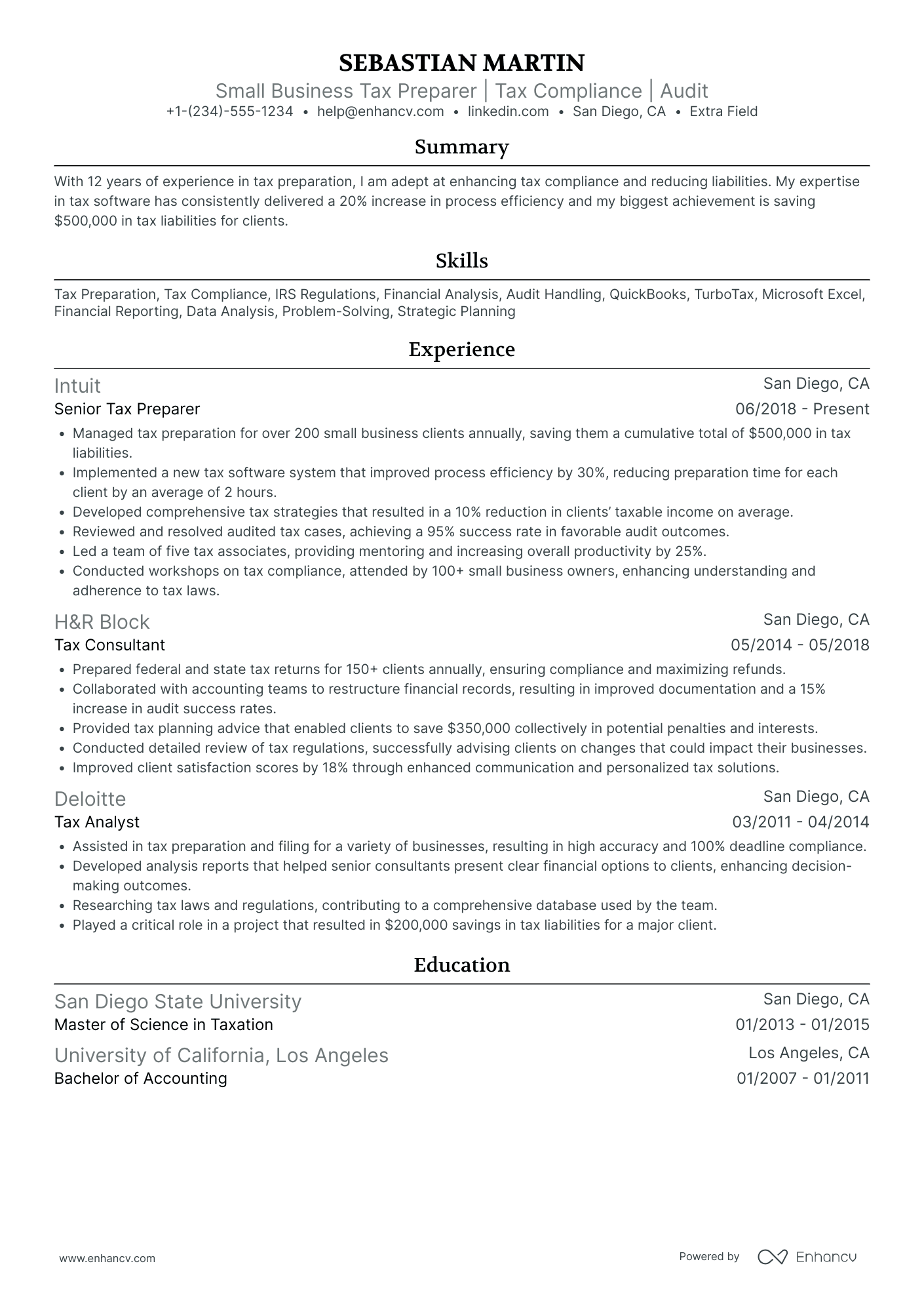 Small Business Tax Preparer Resume Example