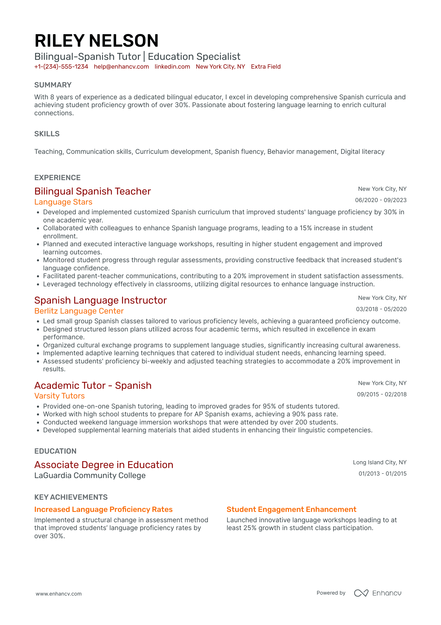 Bilingual Spanish Tutor Resume Example