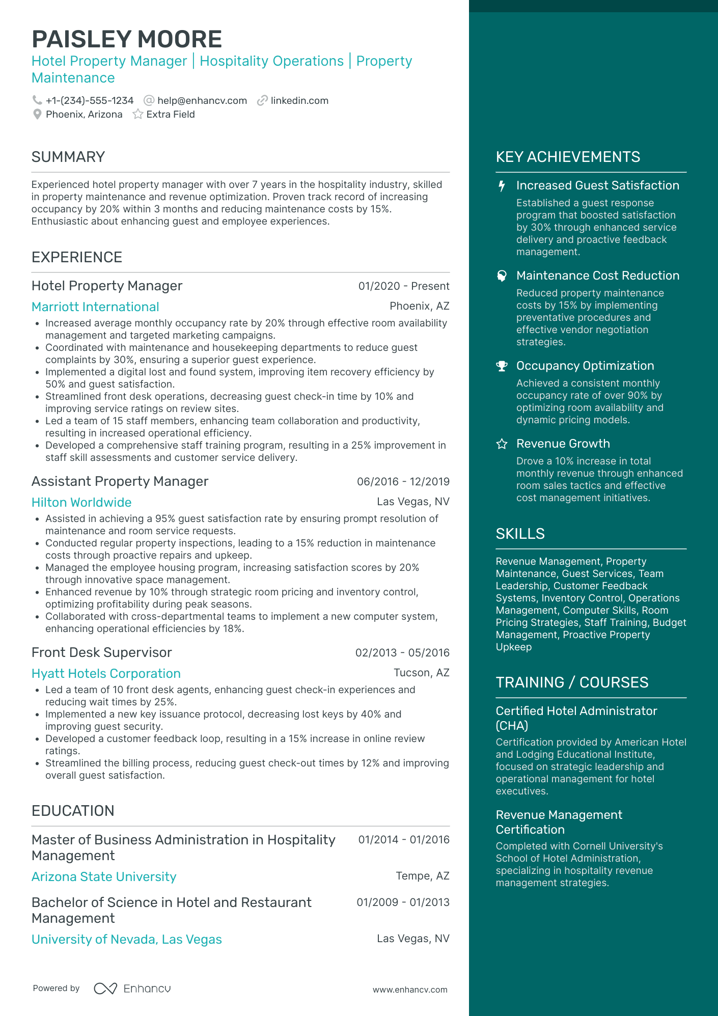 Hospitality Property Manager Resume Example