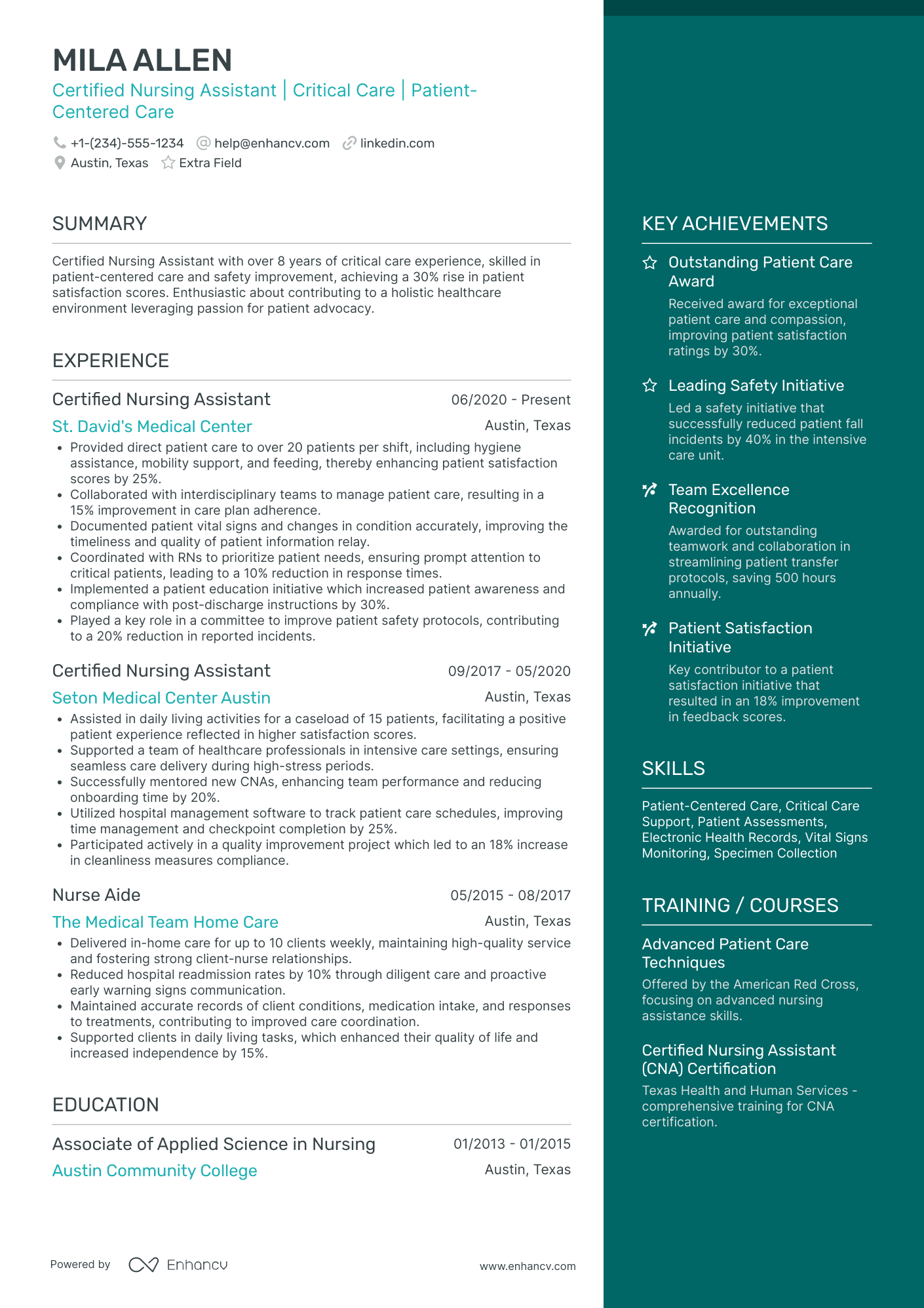 Certified Nursing Assistant Resume Example