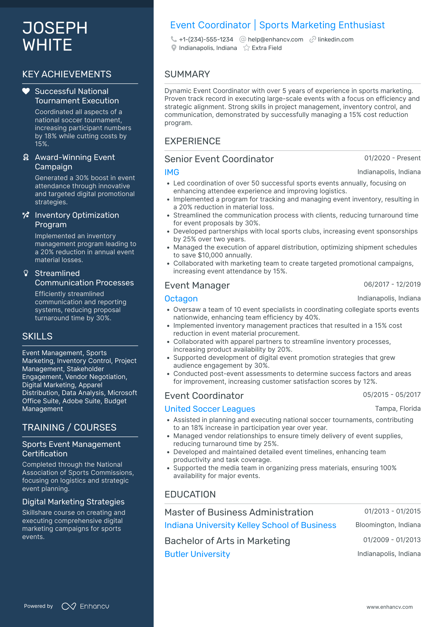 Sports Event Coordinator Resume Example