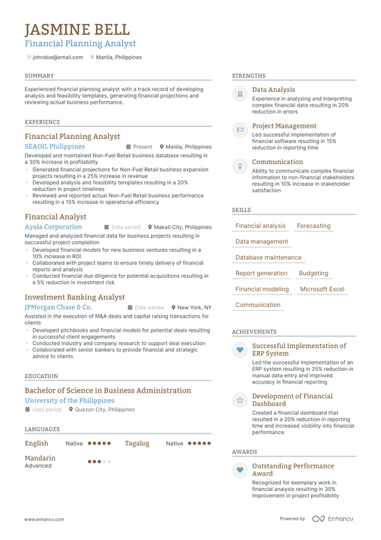 Financial Planning Analyst Resume Example