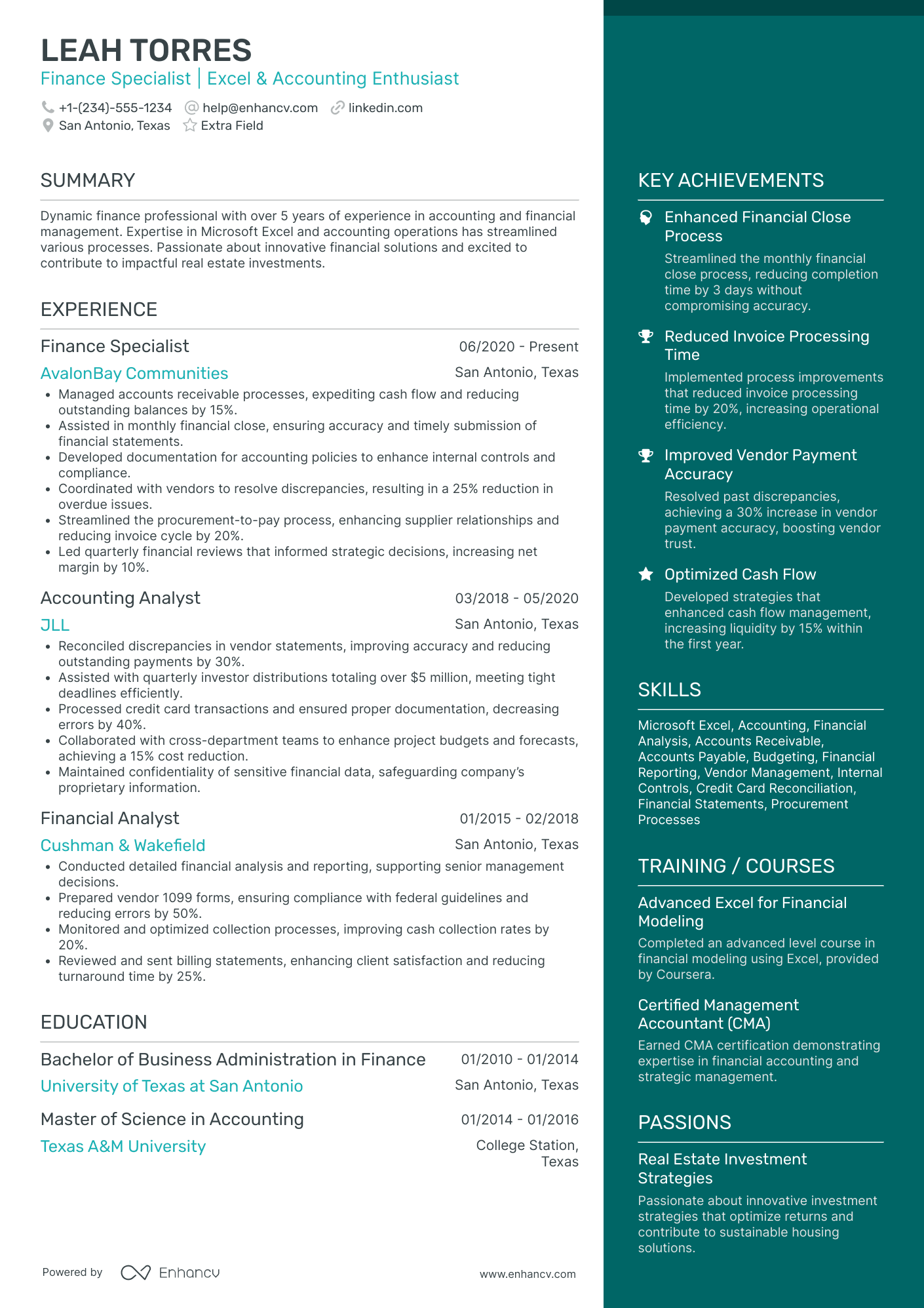 Real Estate Finance Specialist Resume Example