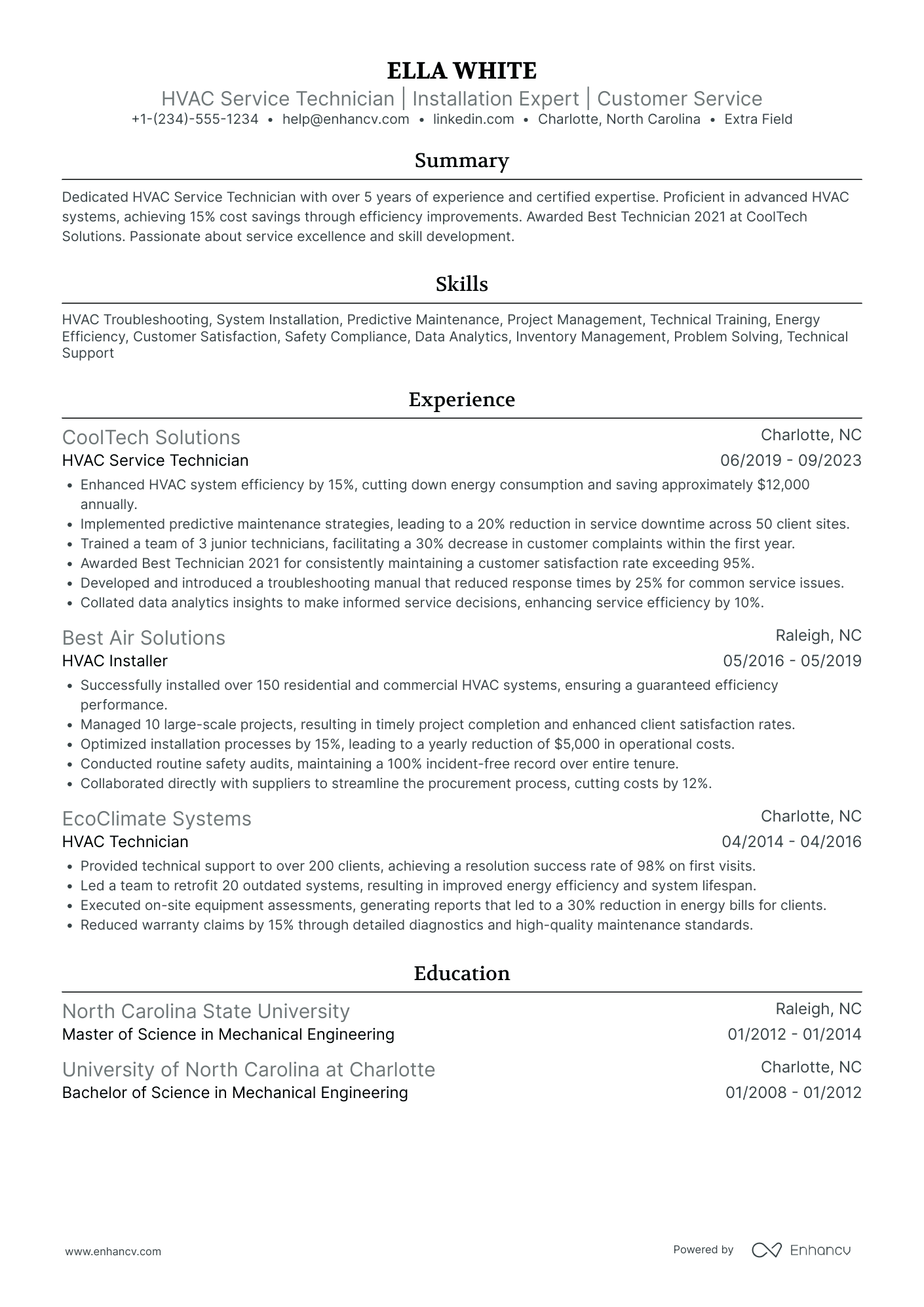 HVAC Service Technician Resume Example