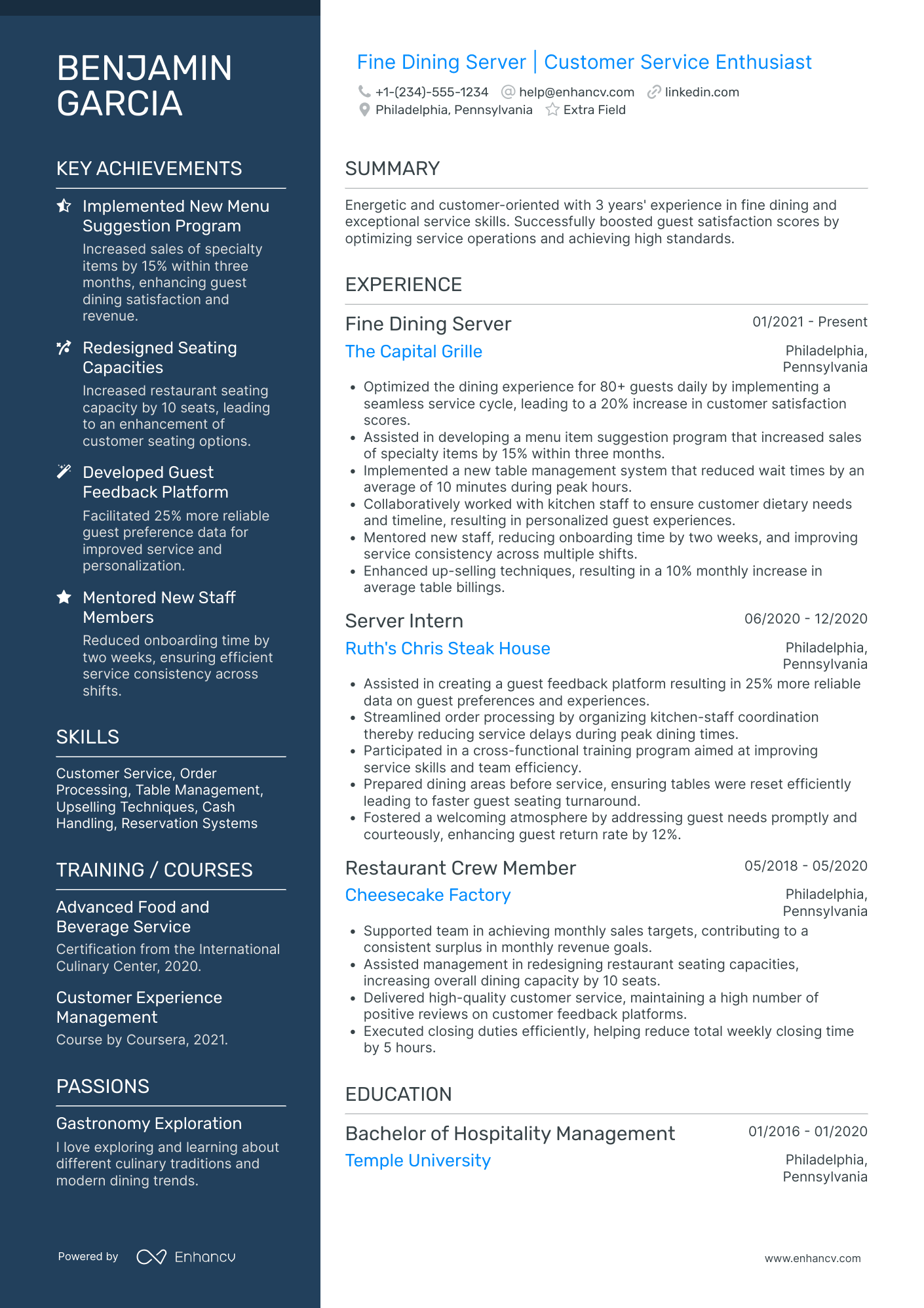 Fine Dining Server Assistant Resume Example