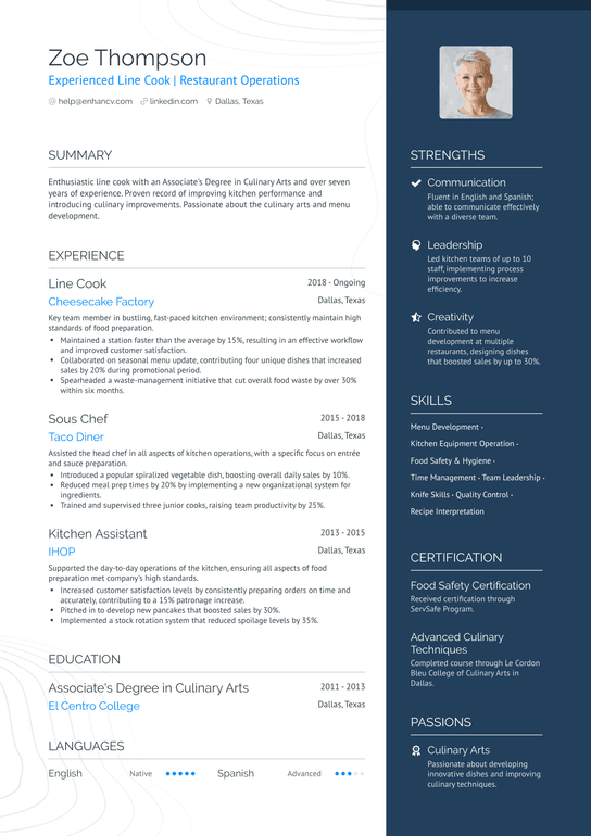 Experienced Line Cook Resume Example