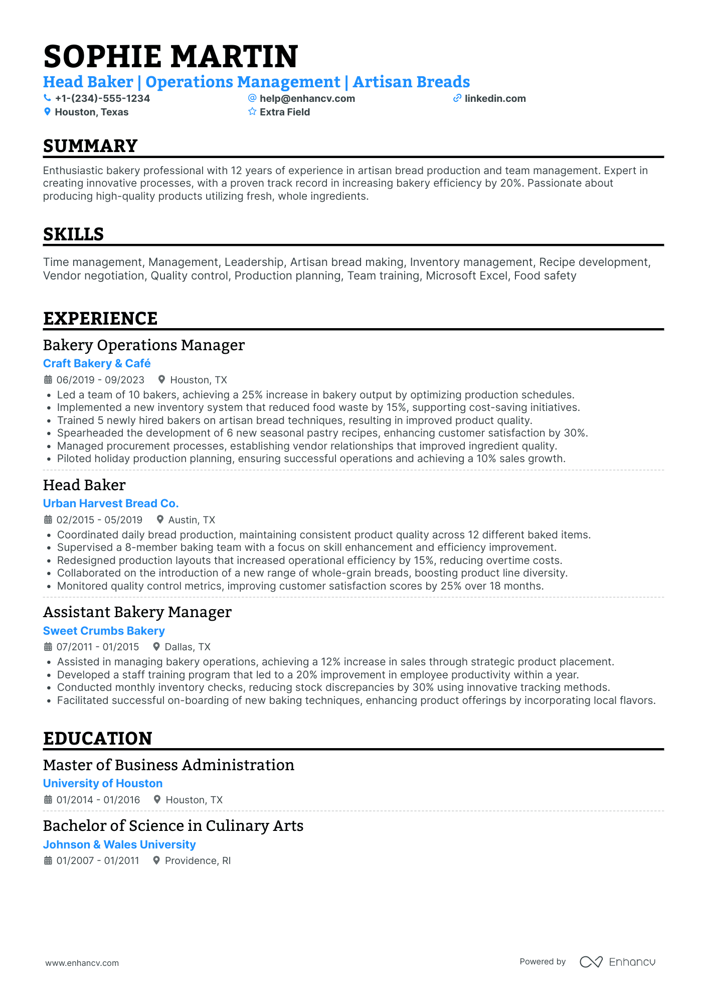 Bakery Operations Manager Resume Example