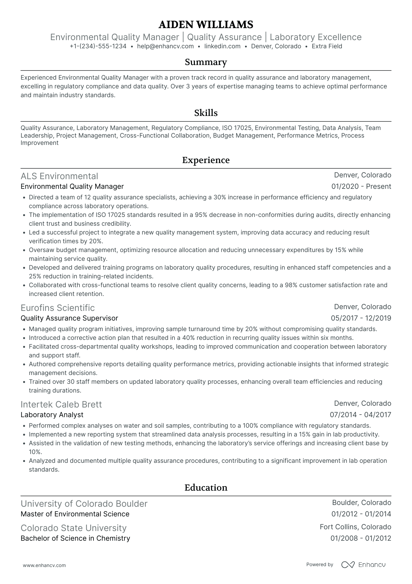 Environmental Quality Manager Resume Example