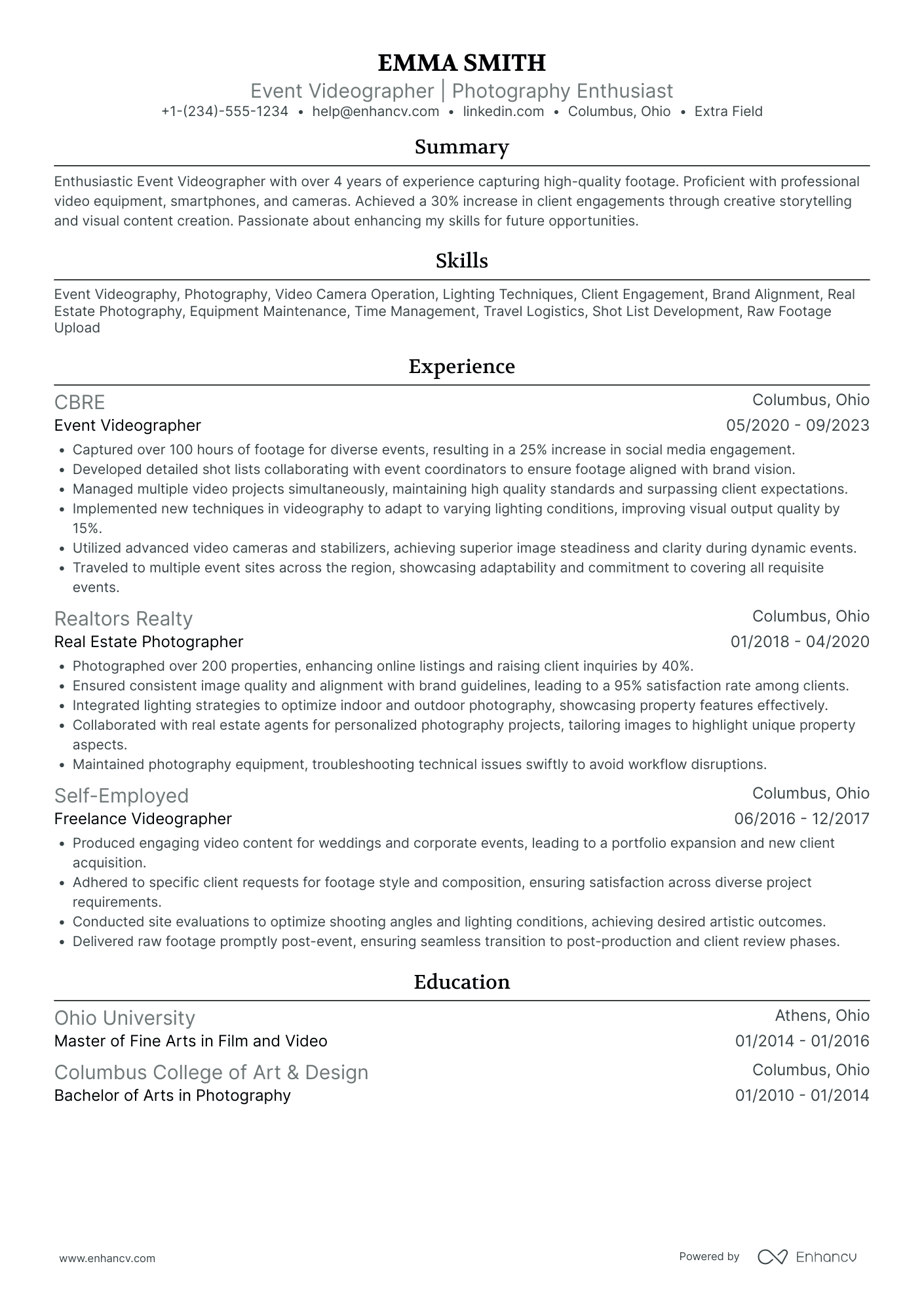 Event Videographer Resume Example