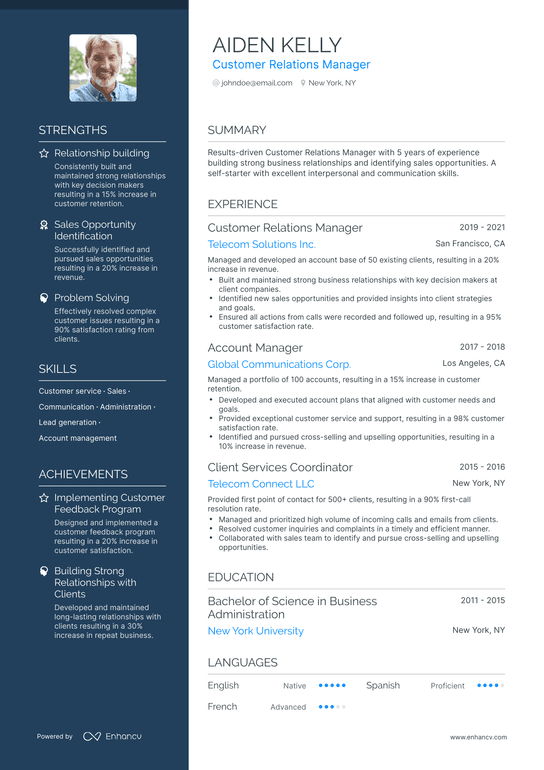 Customer Relations Manager Resume Example