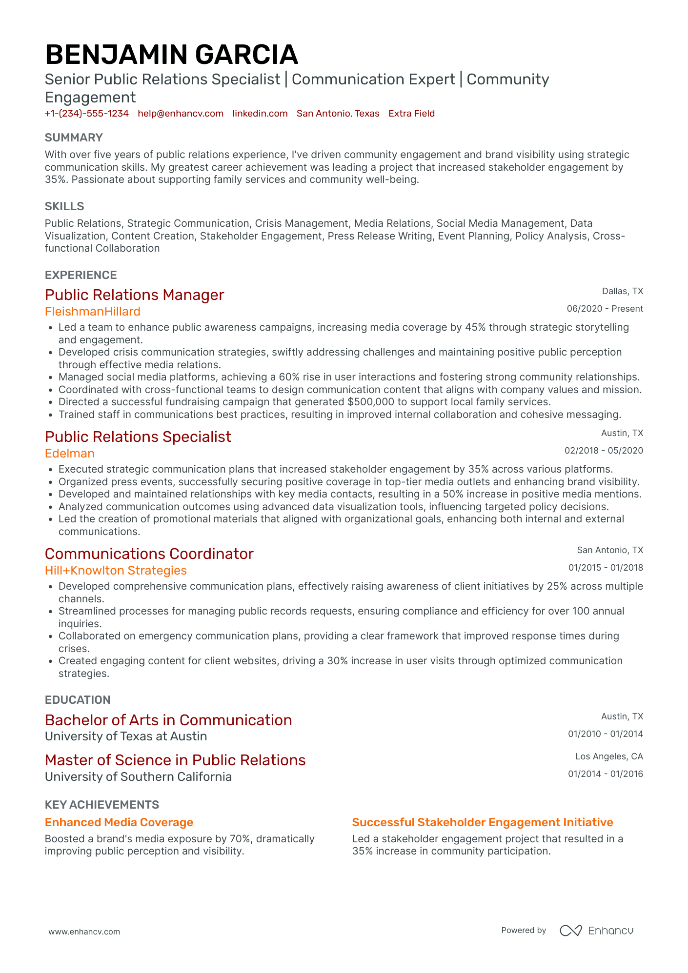 Senior Public Relations Specialist Resume Example