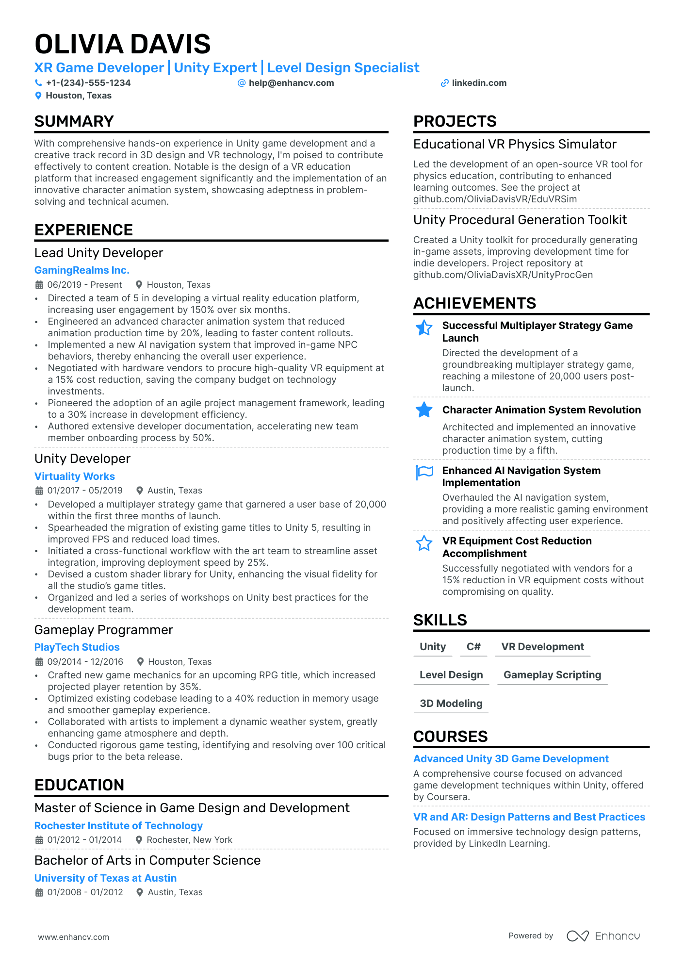 Game Developer Resume Example