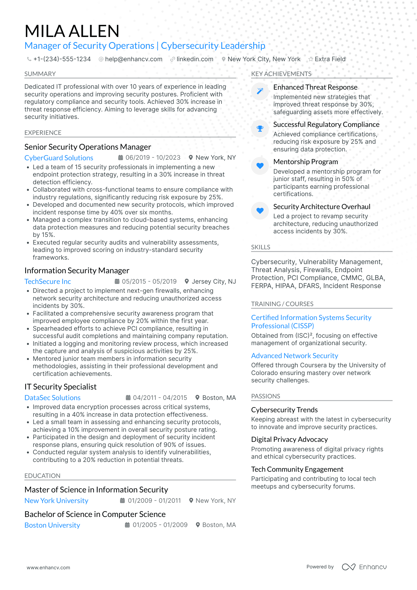 Security Operations Manager Resume Example