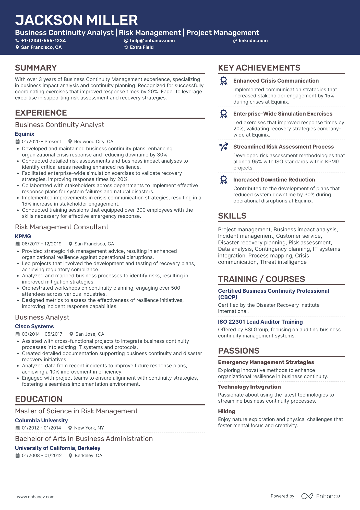 Business Continuity Analyst Resume Example