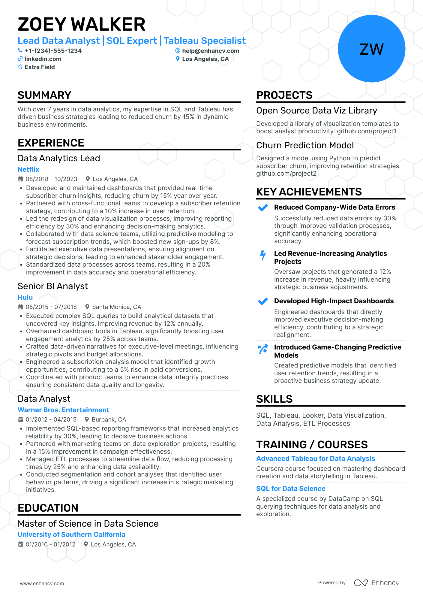 Lead SQL Data Analyst Resume Example