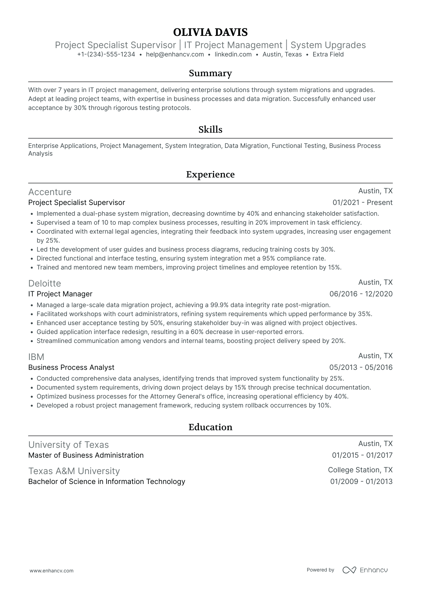 IT Project Specialist Resume Example