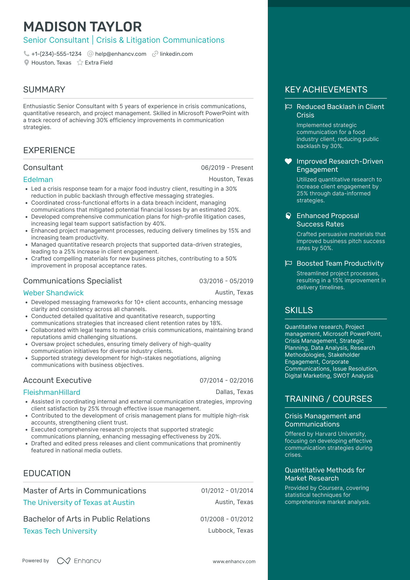 Crisis Management Consultant Resume Example