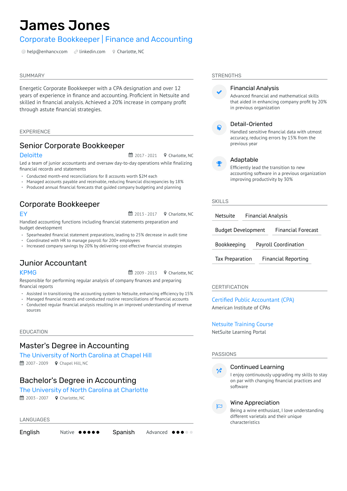 Corporate Bookkeeper Resume Example