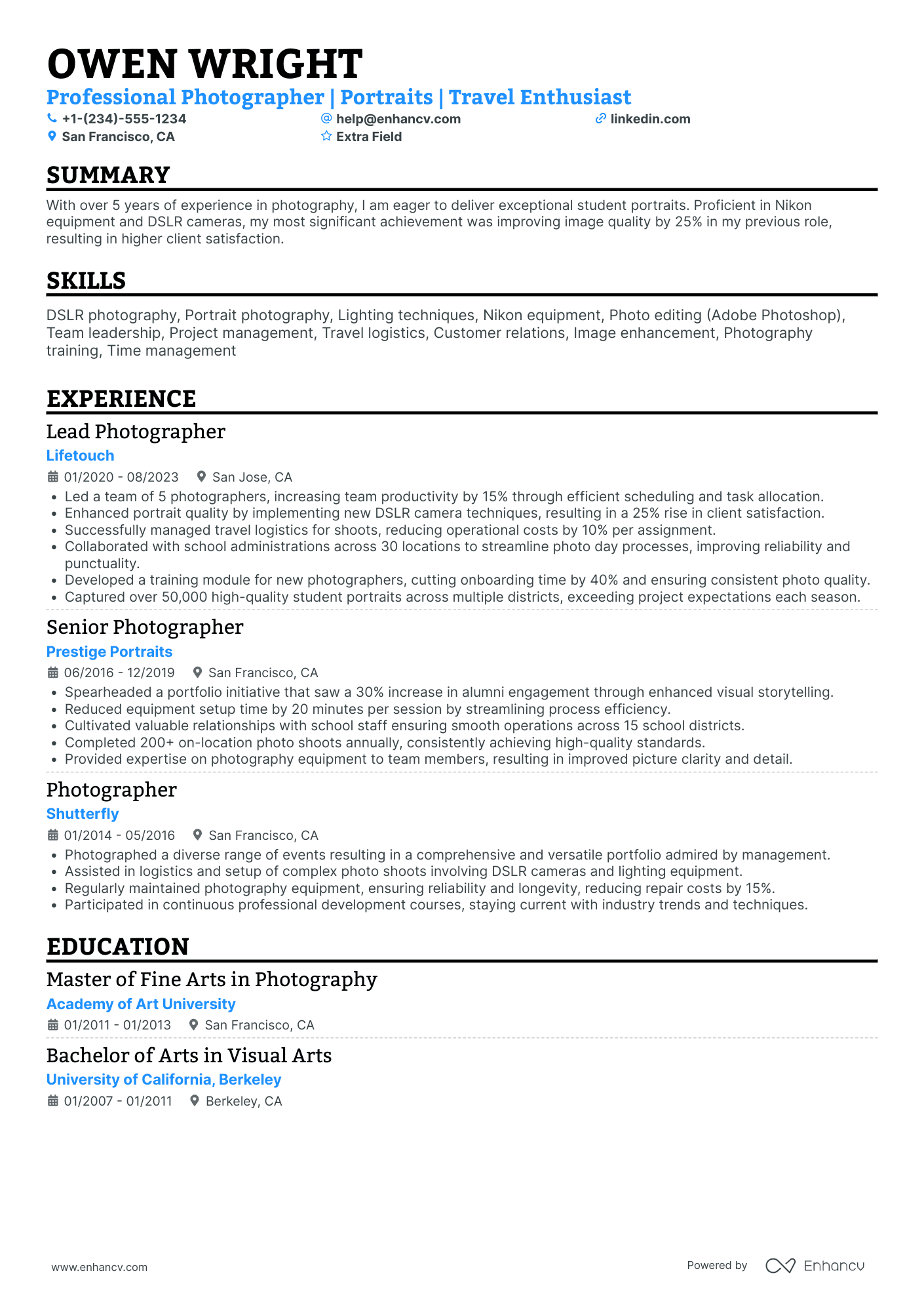 Freelance Portrait Photographer Resume Example