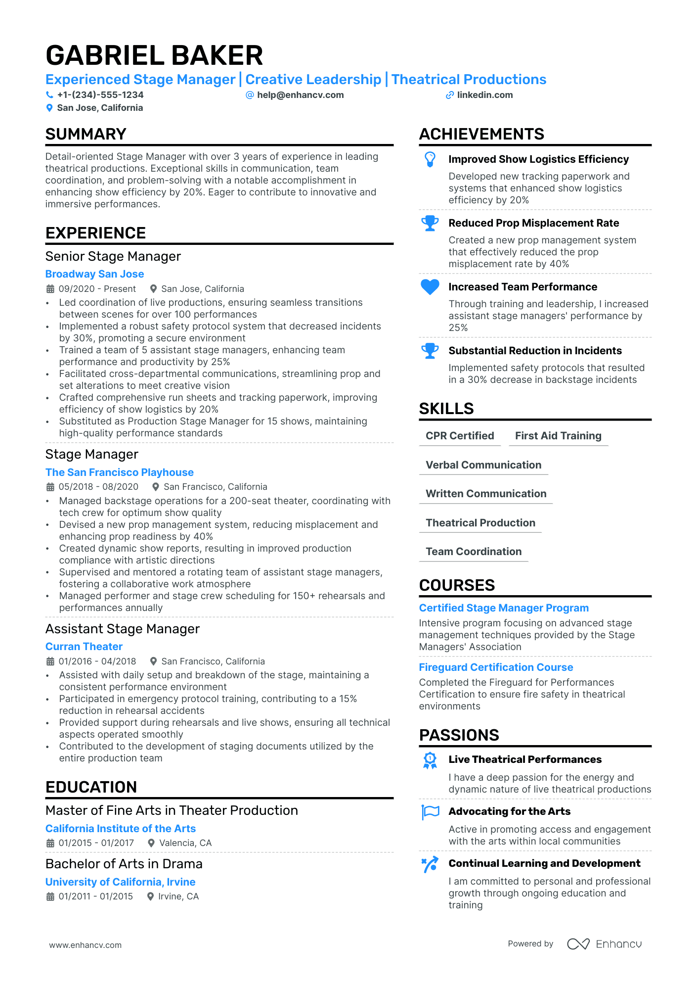 Stage Manager Resume Example