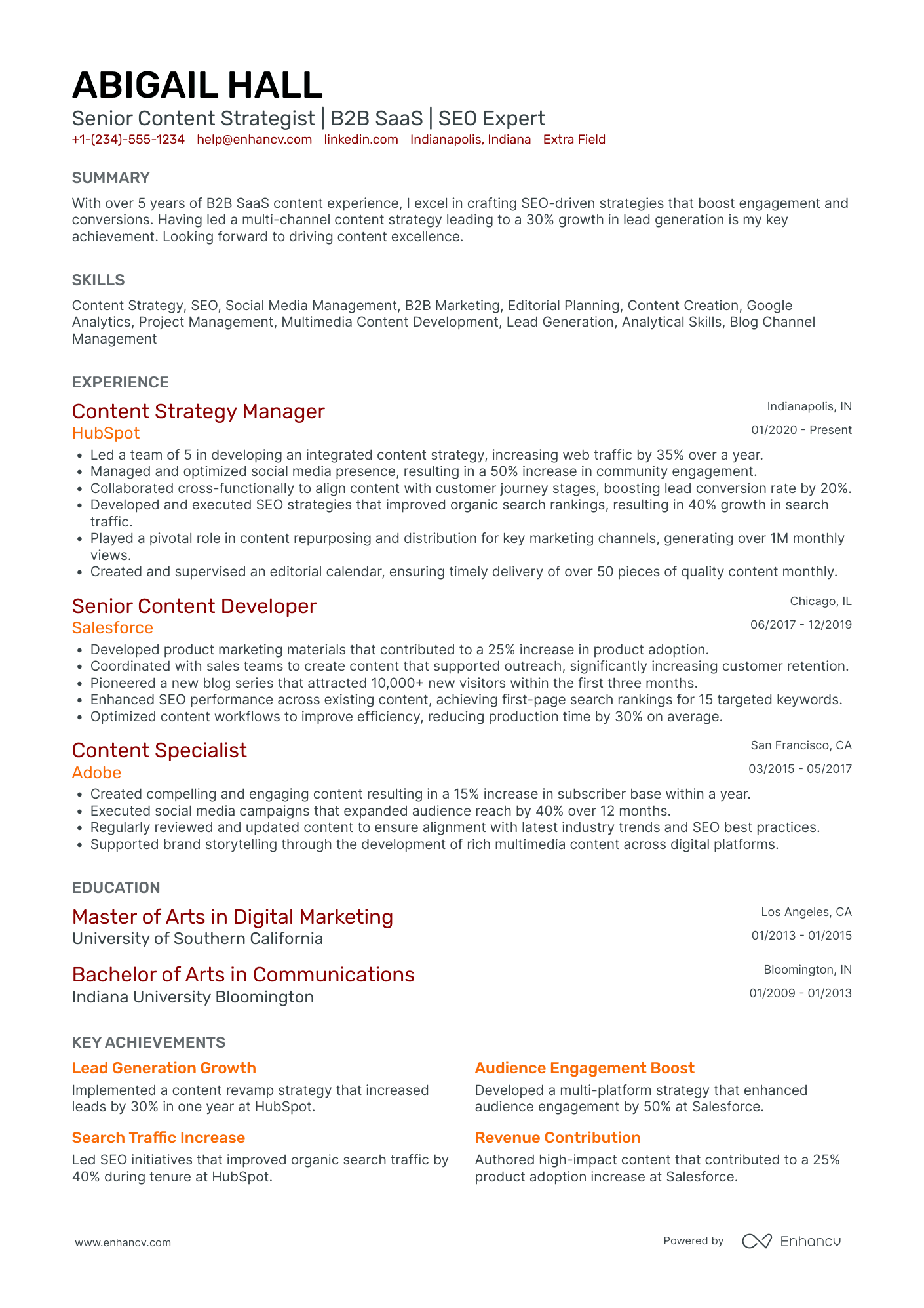 Senior Content Strategist Resume Example