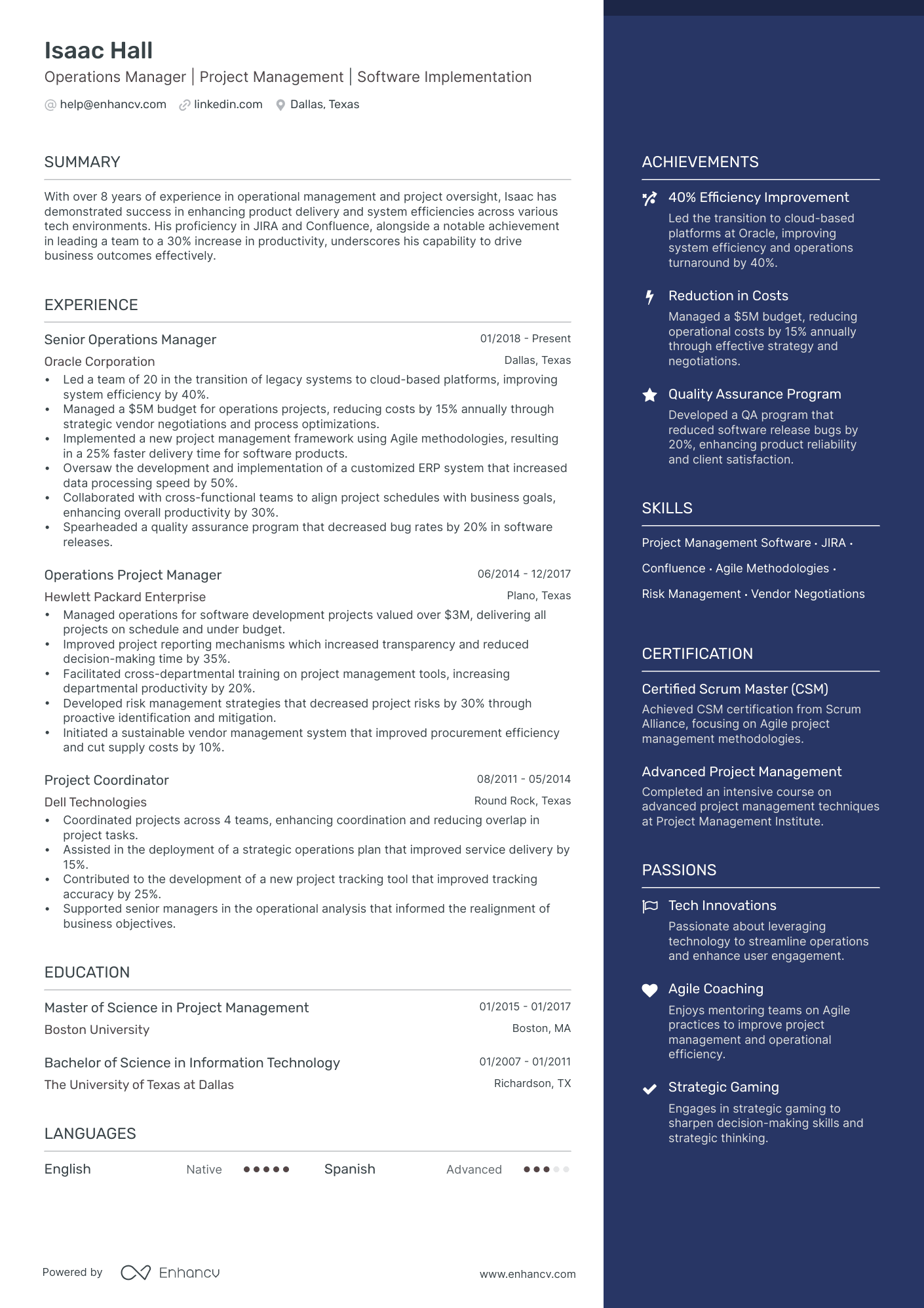 Product Operations Manager Resume Example