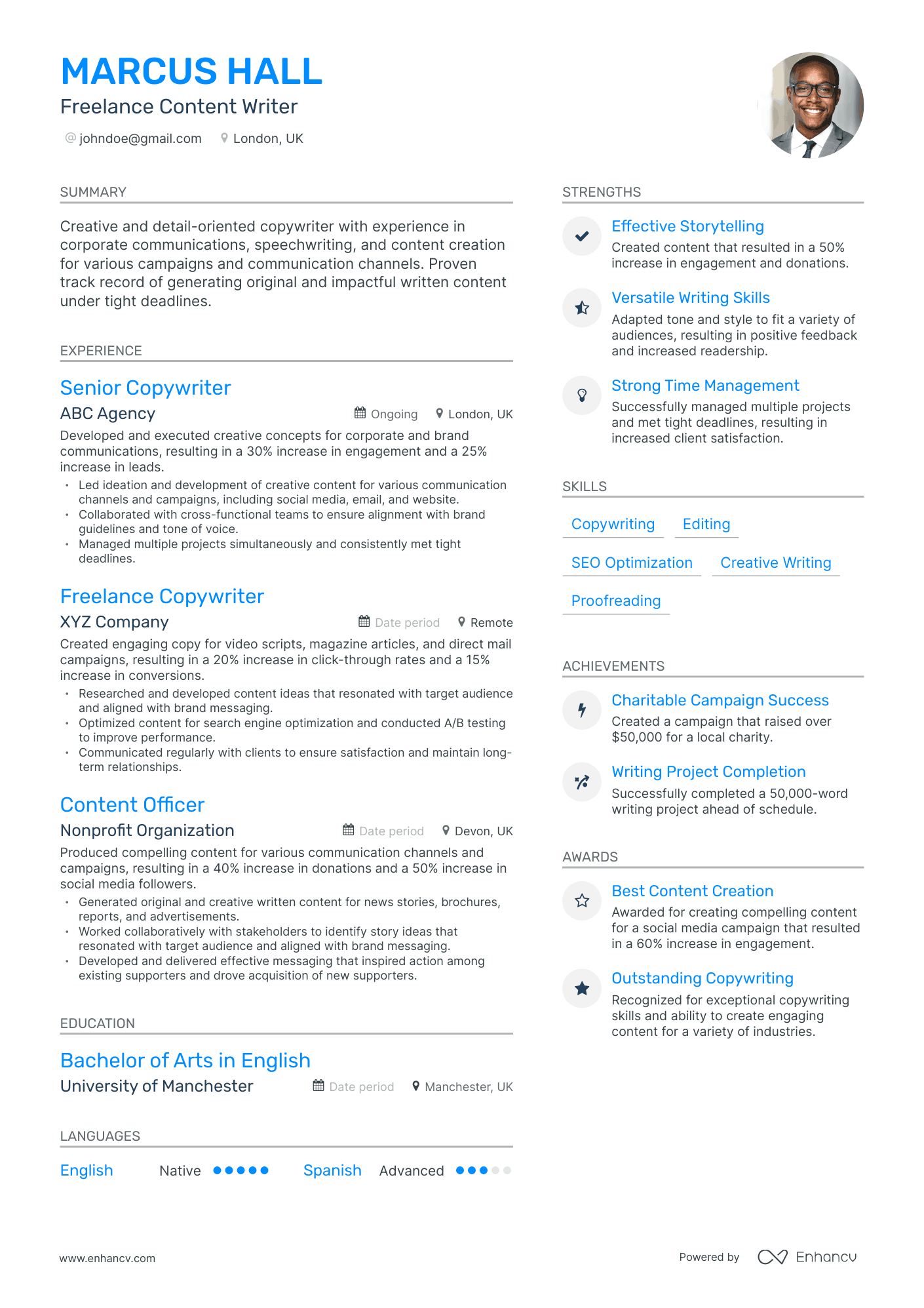 Freelance Content Writer Resume Example