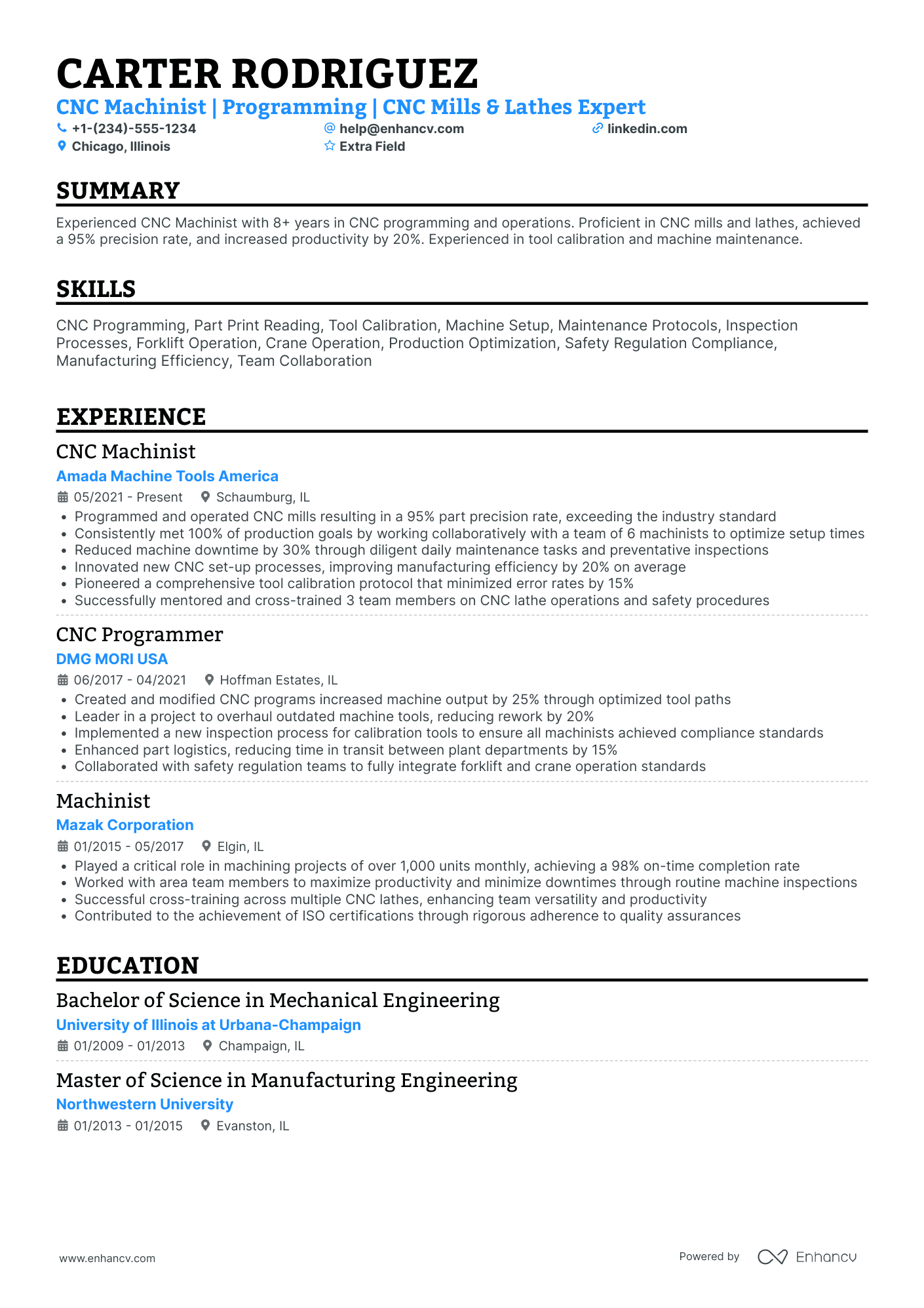 CNC Machinist Operator Resume Example