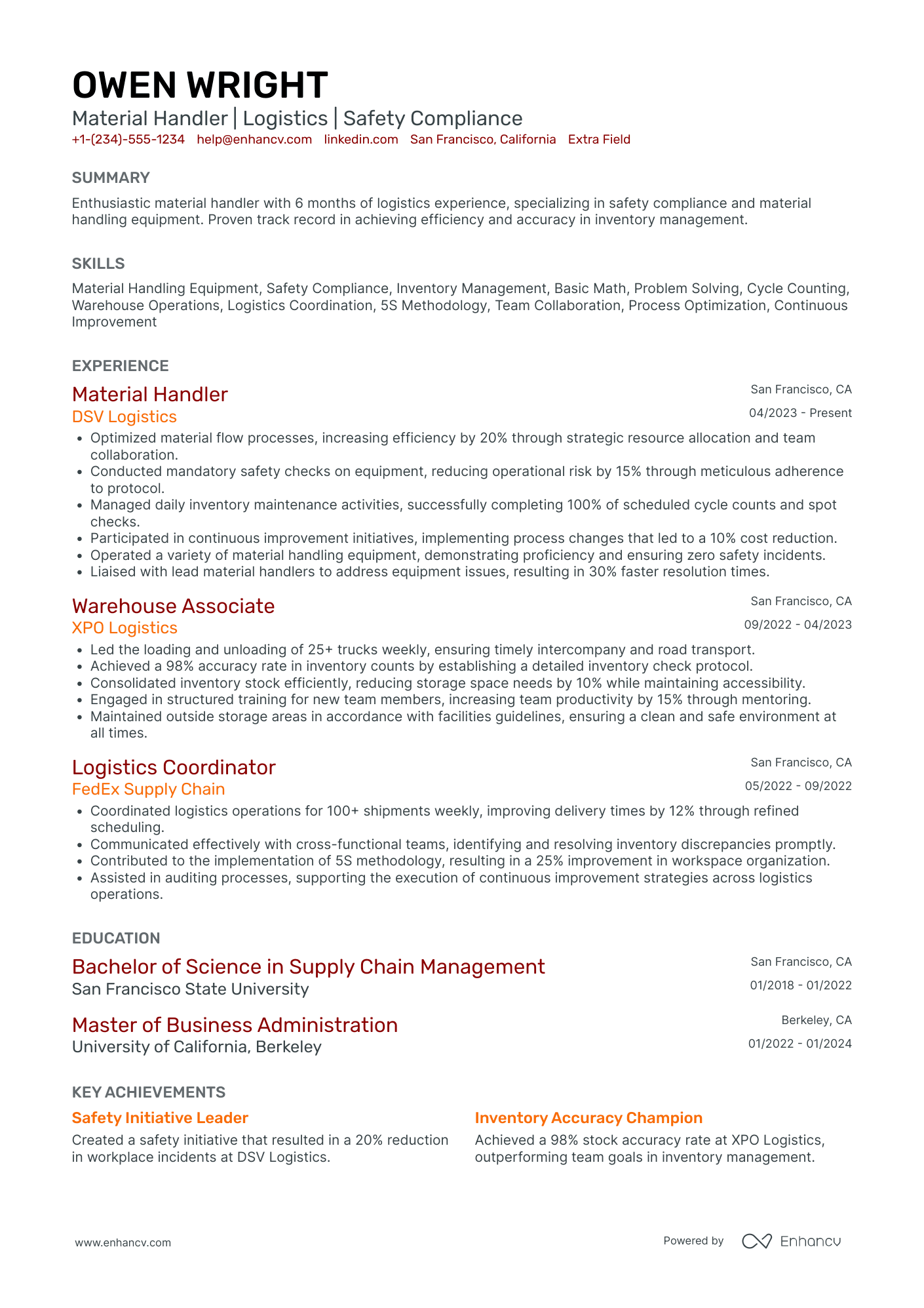 Automotive Material Handler Resume Example